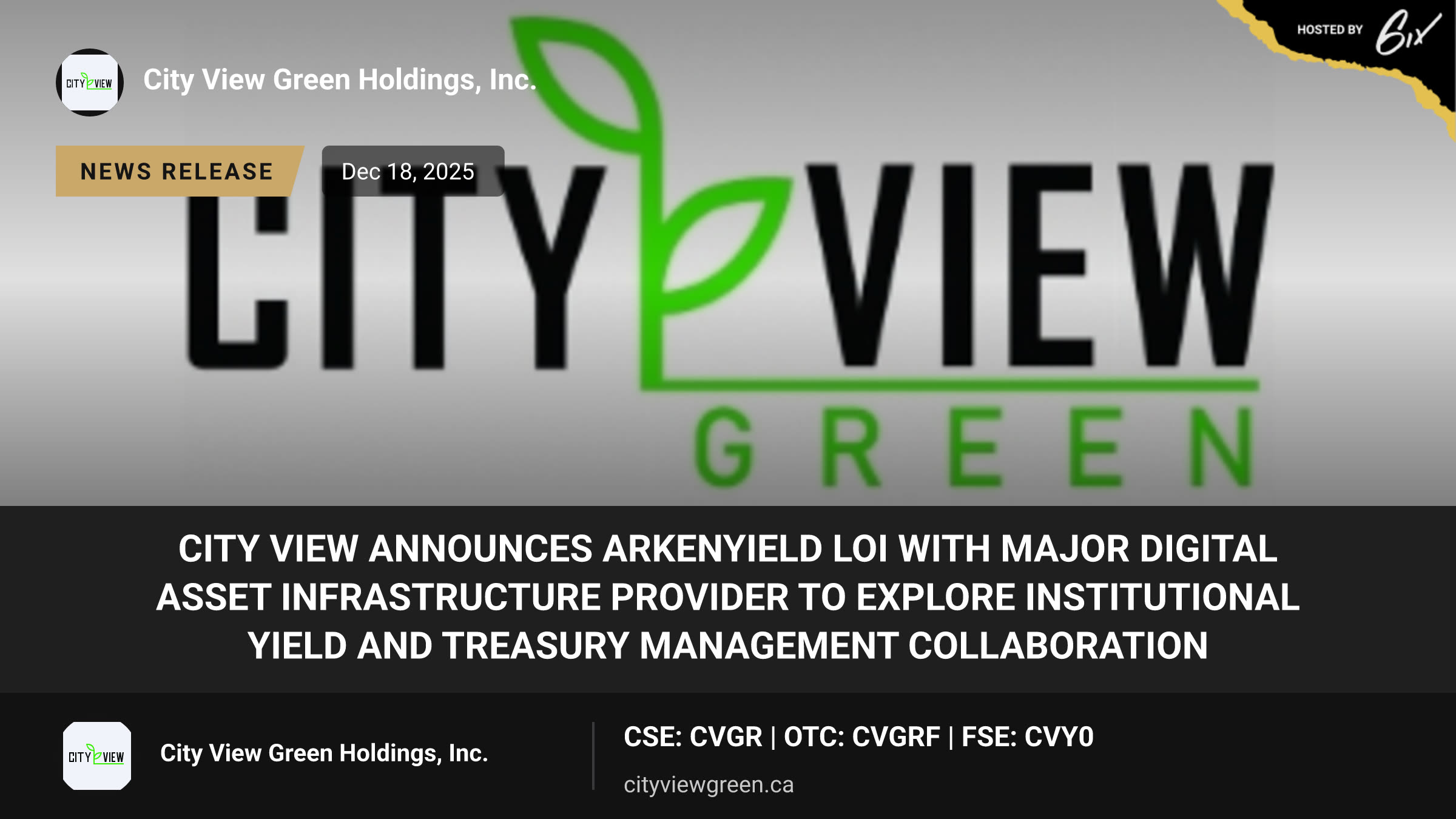 City View Announces ArkenYield LOI with Major Digital Asset Infrastructure Provider to Explore Institutional Yield and Treasury Management Collaboration
