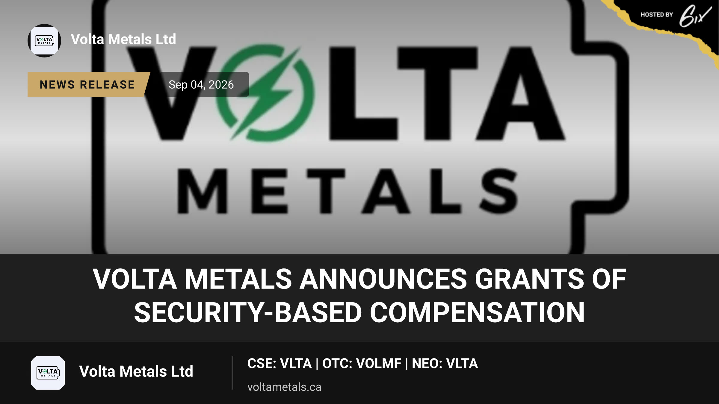 Volta Metals Announces Grants of Security-Based Compensation