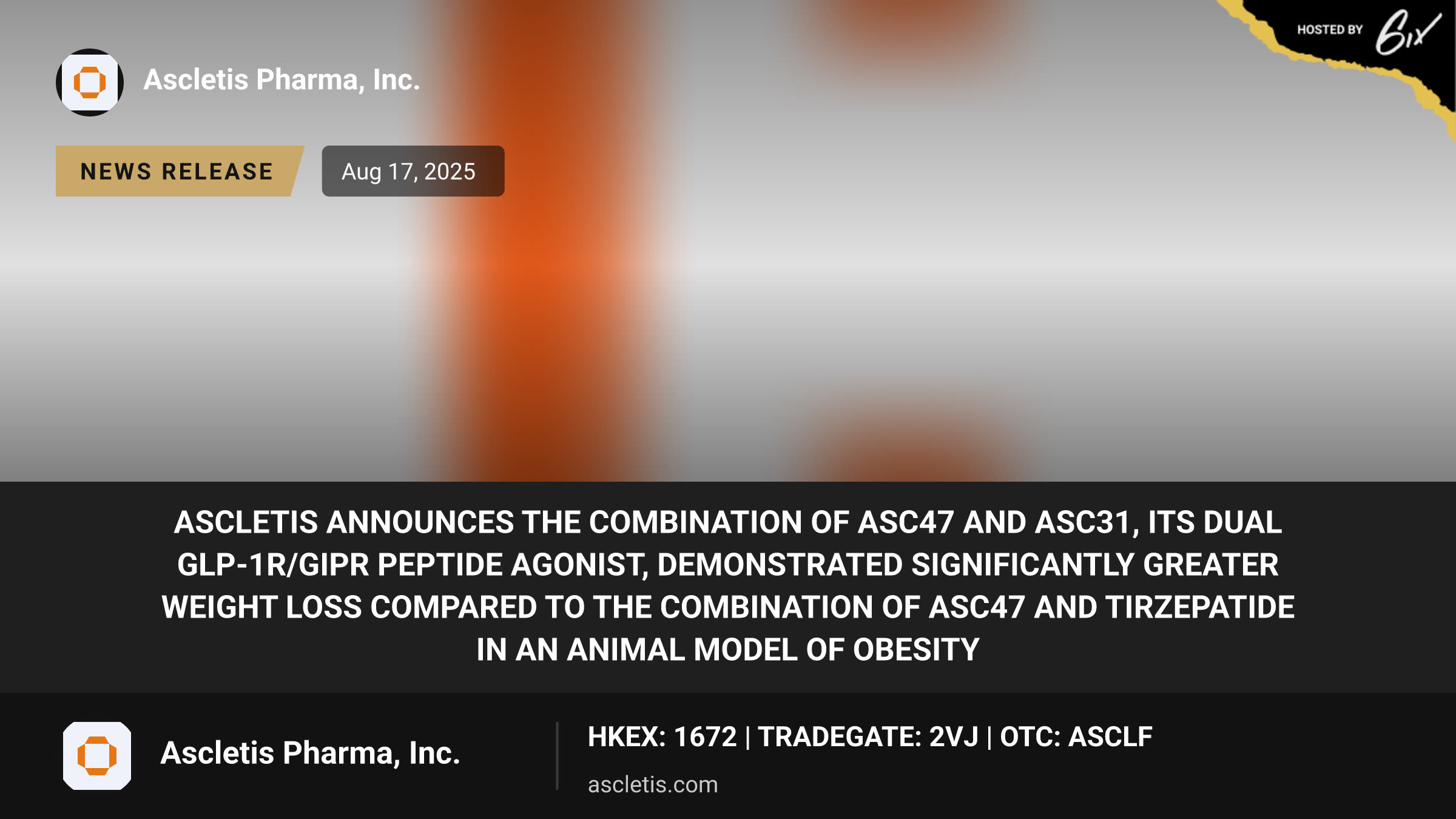 Ascletis Announces the Combination of ASC47 and ASC31, its Dual GLP-1R/GIPR Peptide Agonist, Demonstrated Significantly Greater Weight Loss Compared to the Combination of ASC47 and Tirzepatide in an Animal Model of Obesity