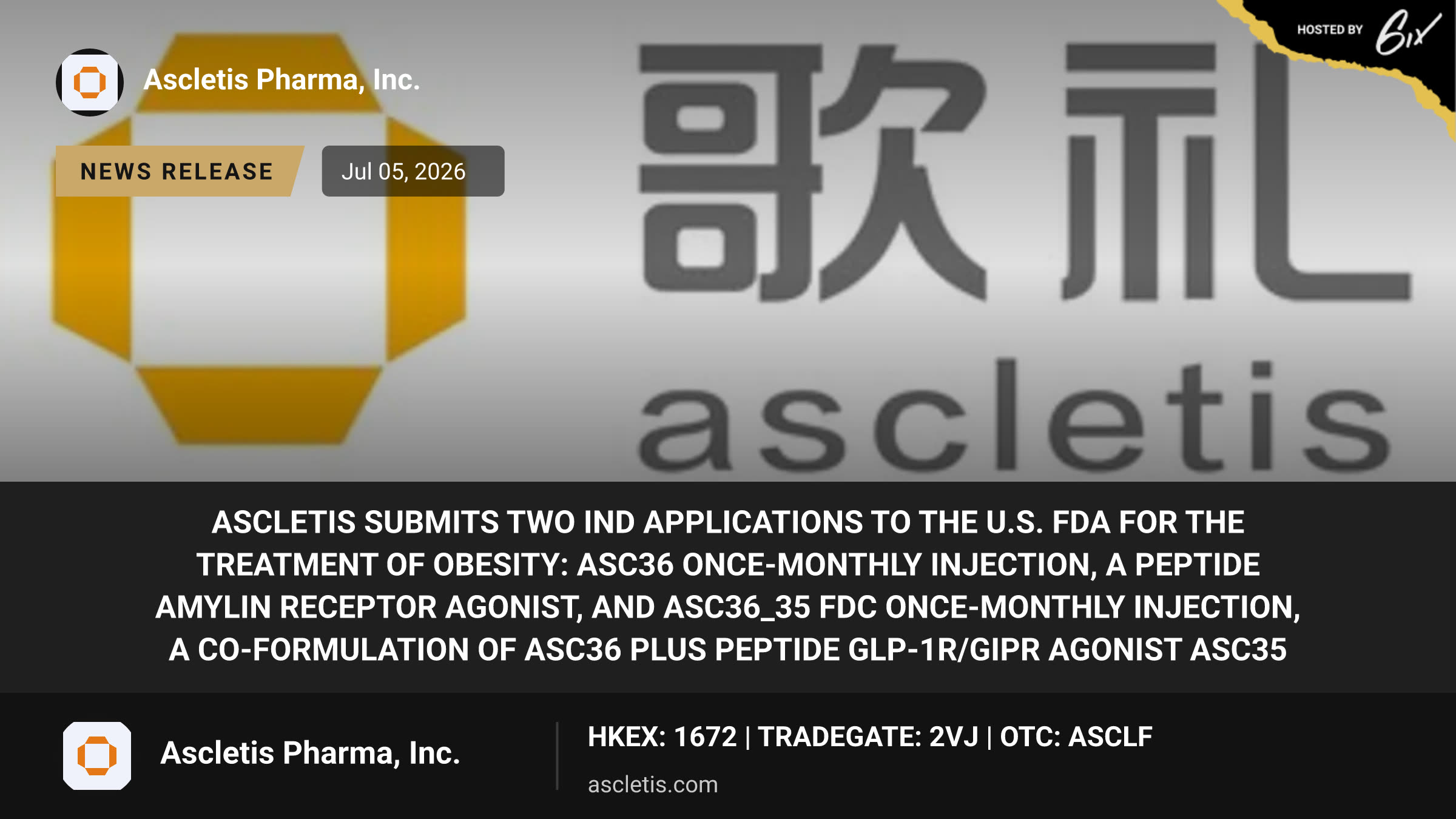 Ascletis Submits Two IND Applications to the U.S. FDA for the Treatment of Obesity: ASC36 Once-Monthly Injection, a Peptide Amylin Receptor Agonist, and ASC36_35 FDC Once-Monthly Injection, a Co-Formulation of ASC36 Plus Peptide GLP-1R/GIPR Agonist ASC35
