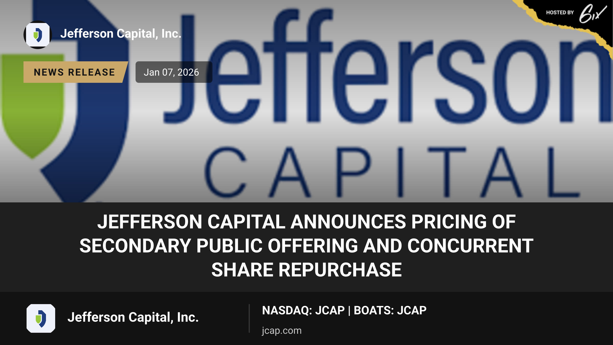Jefferson Capital Announces Pricing of Secondary Public Offering and Concurrent Share Repurchase