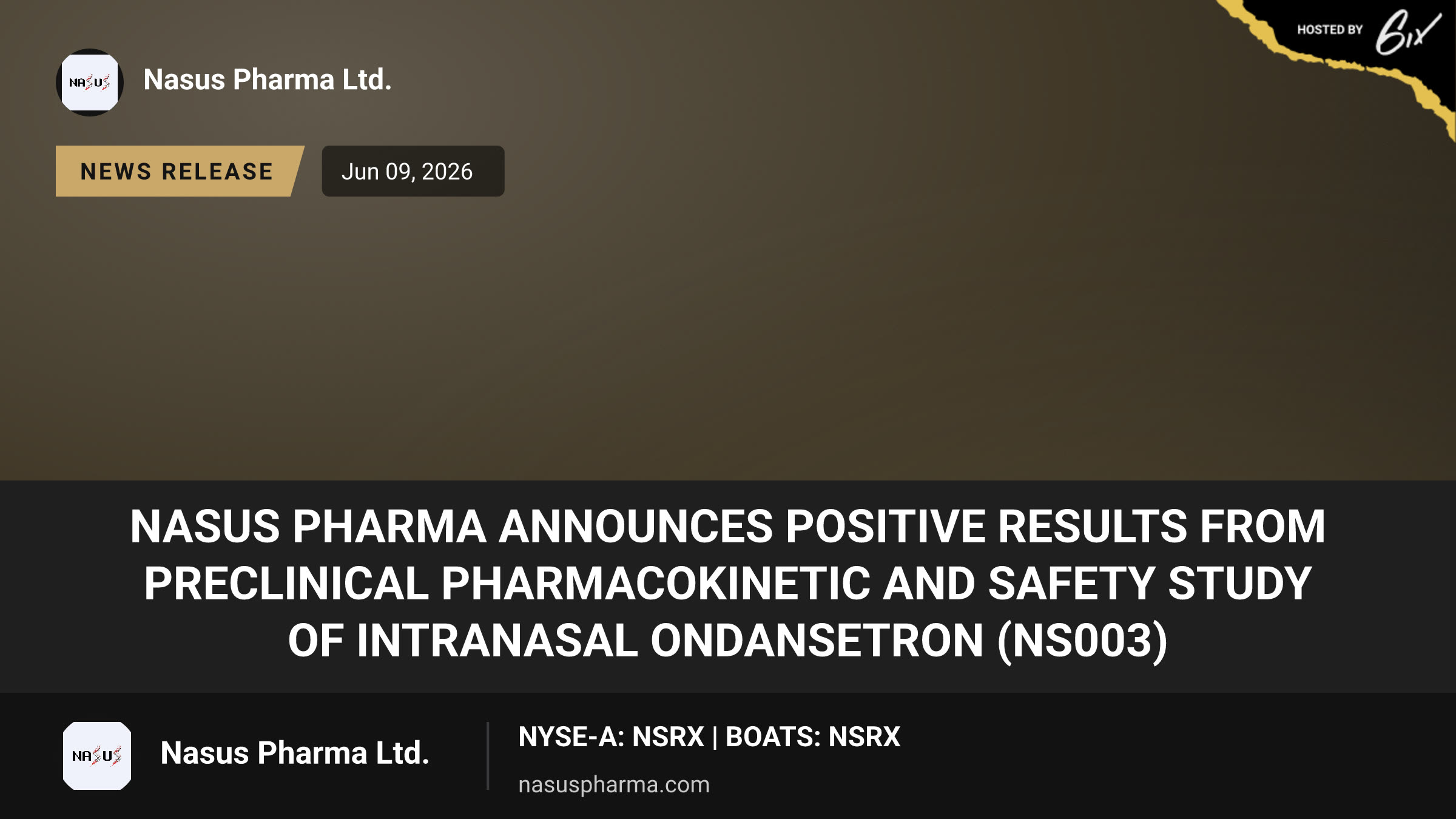 Nasus Pharma Announces Positive Results from Preclinical Pharmacokinetic and Safety Study of Intranasal Ondansetron (NS003)