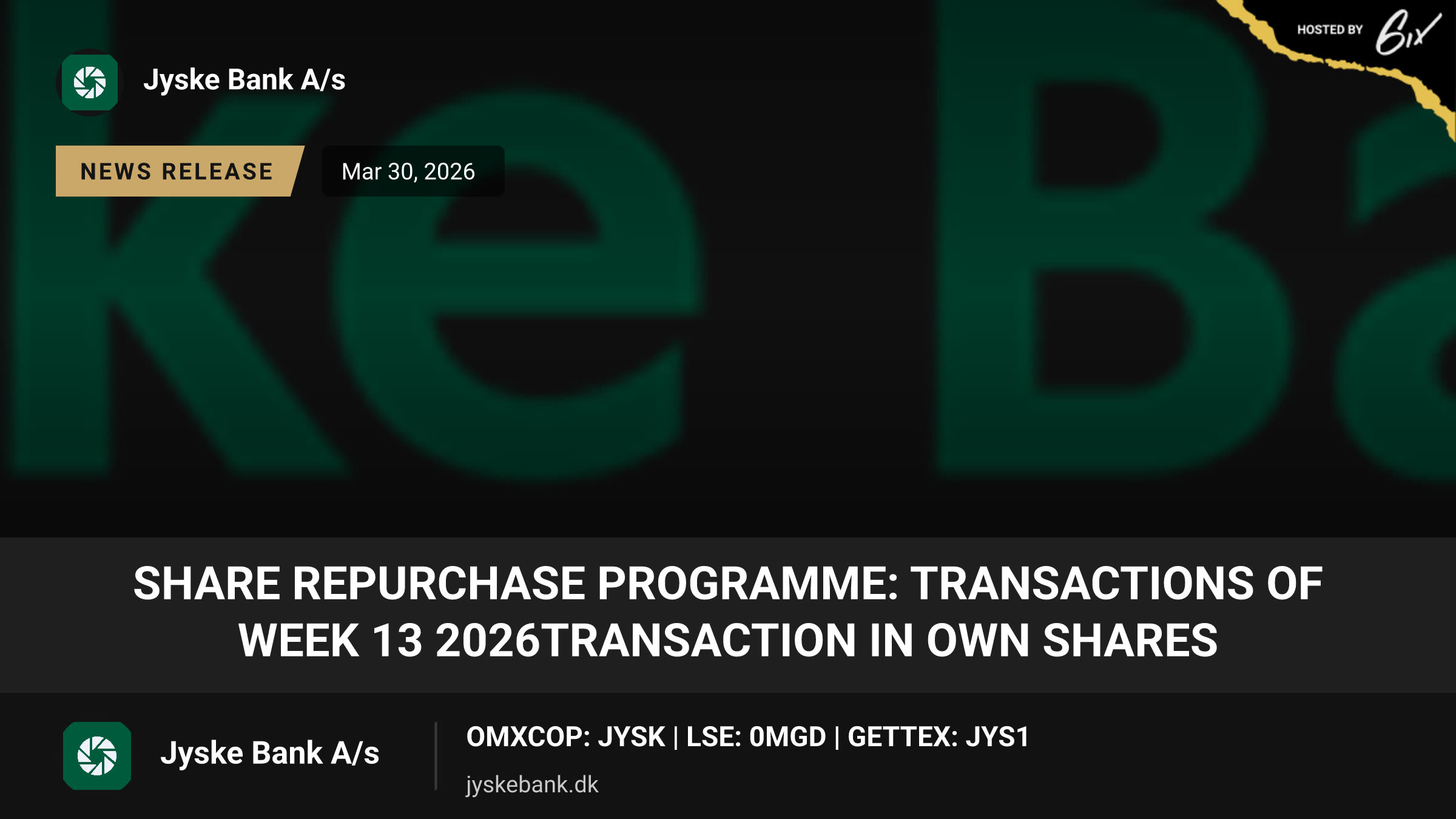 Share repurchase programme: Transactions of week 13 2026Transaction in Own Shares