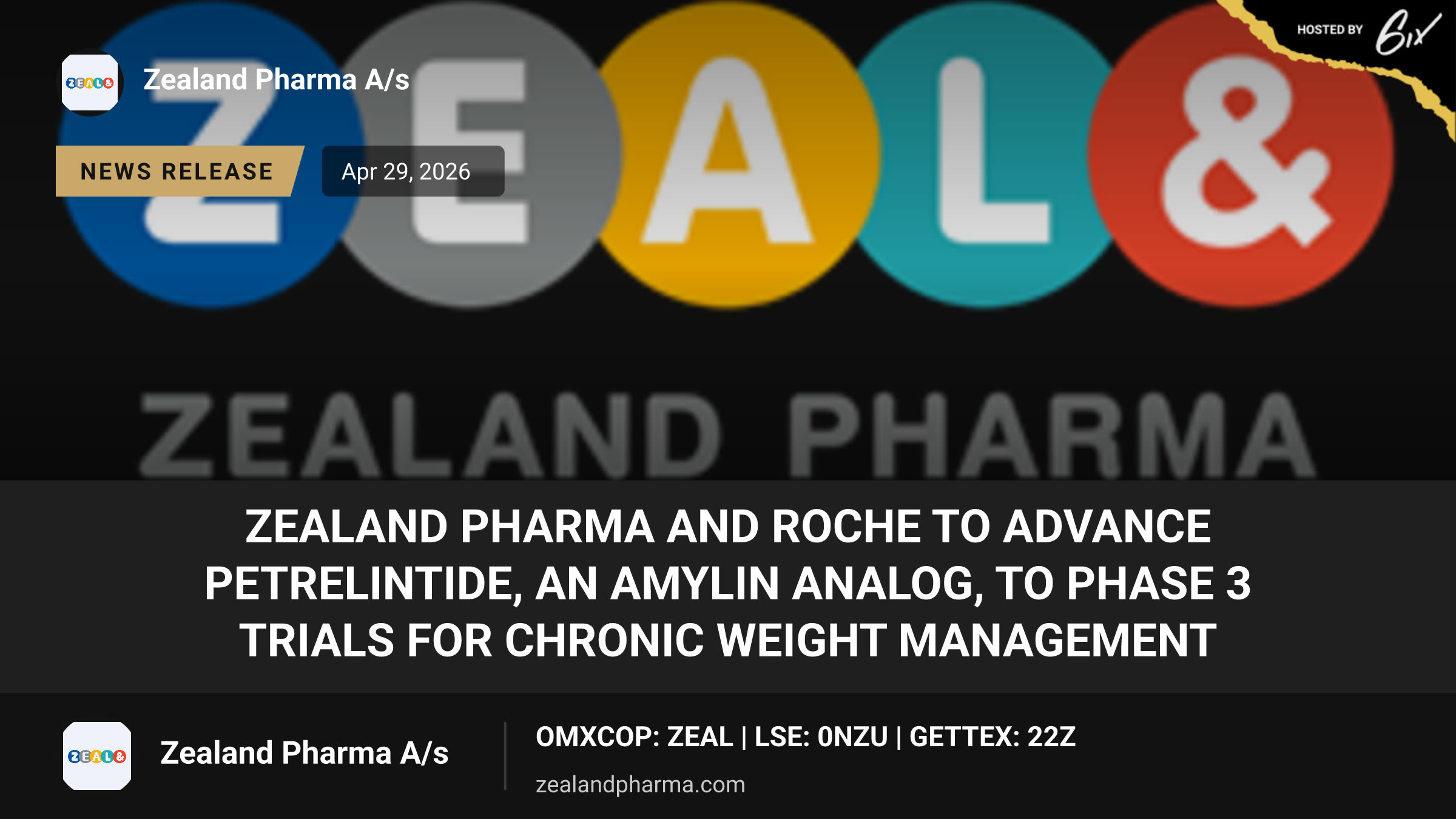 Zealand Pharma and Roche to advance petrelintide, an amylin analog, to Phase 3 trials for chronic weight management