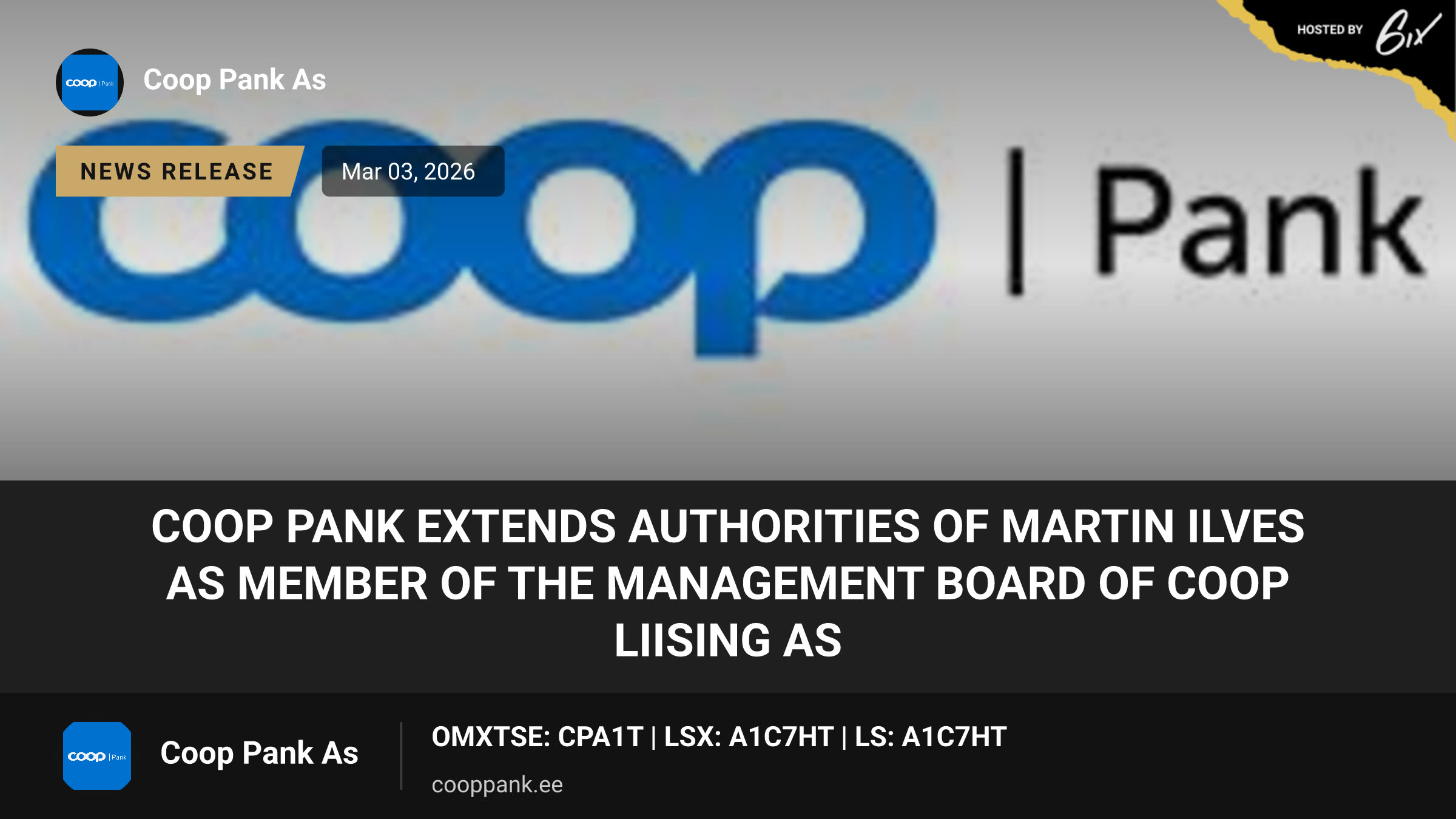 Coop Pank extends authorities of Martin Ilves as Member of the Management Board of Coop Liising AS