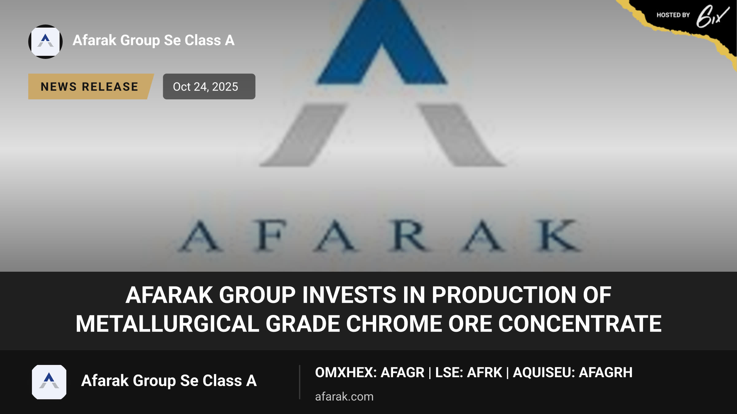 AFARAK GROUP INVESTS IN PRODUCTION OF METALLURGICAL GRADE CHROME ORE CONCENTRATE