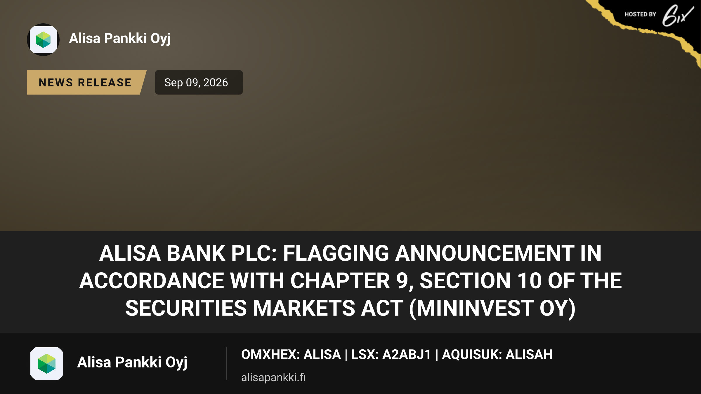 Alisa Bank Plc: Flagging announcement in accordance with Chapter 9, Section 10 of the Securities Markets Act (Mininvest Oy)