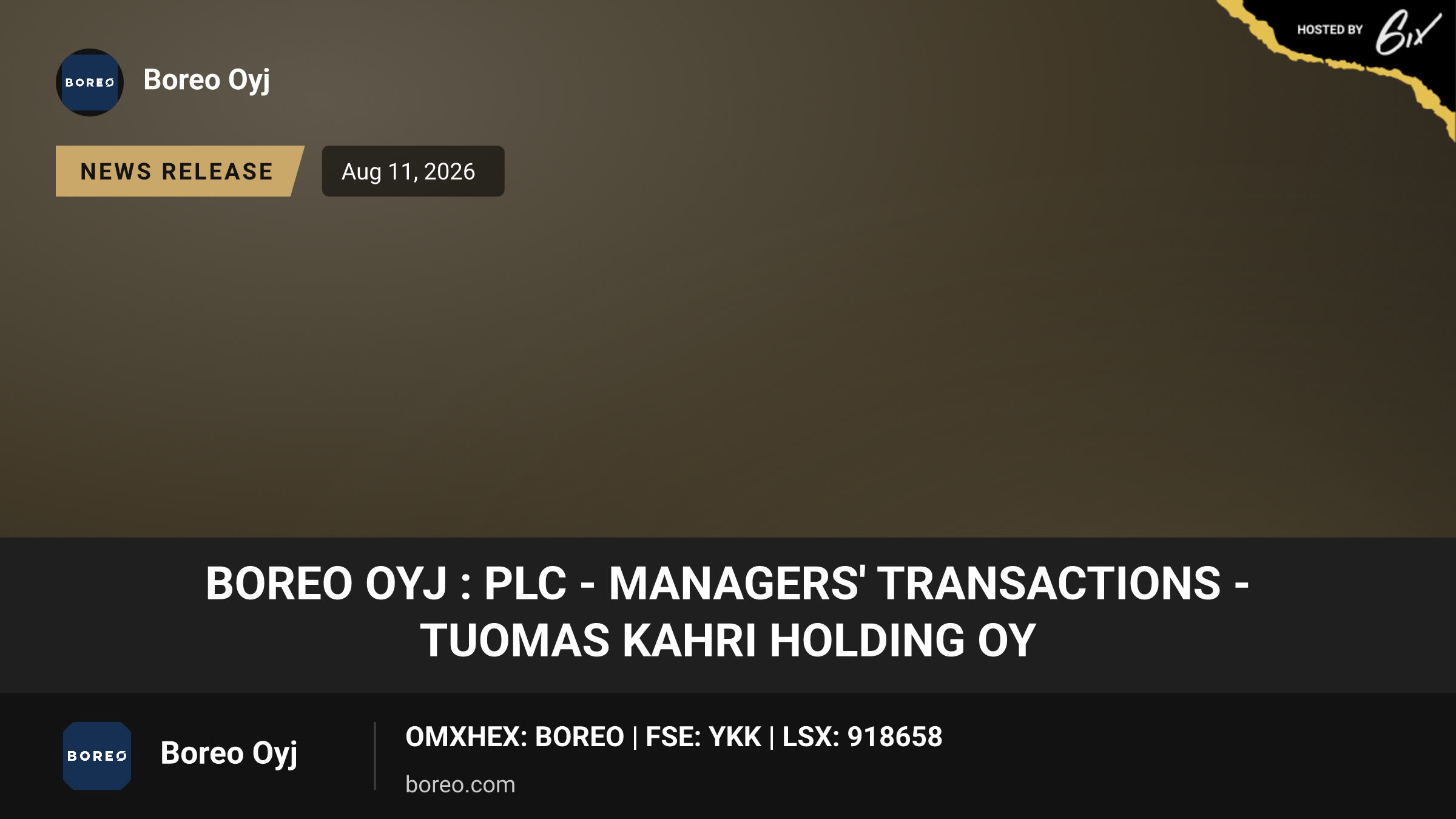 Boreo Oyj : Plc - Managers' transactions - Tuomas Kahri Holding Oy