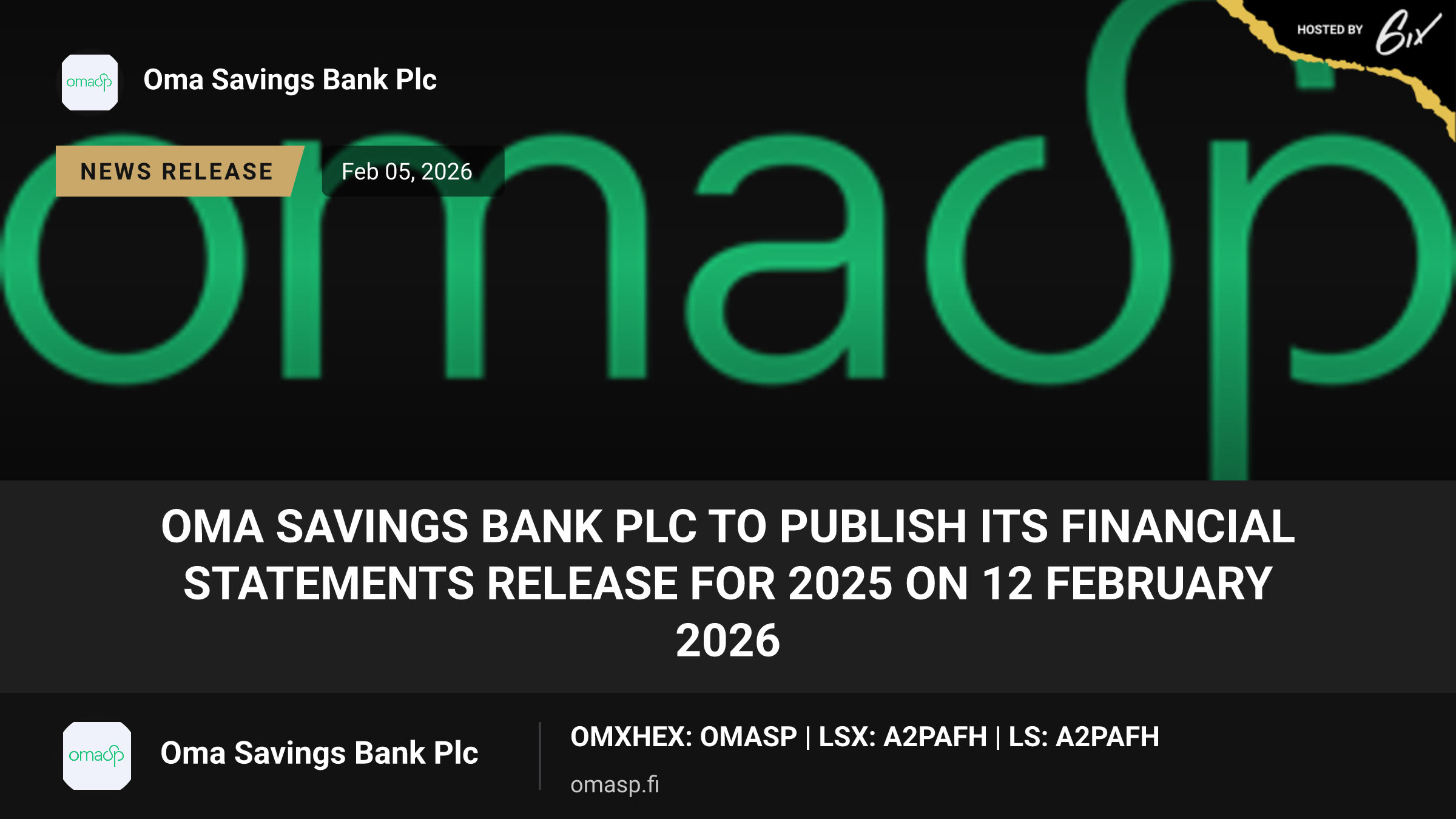 Oma Savings Bank Plc to publish its Financial Statements Release for 2025 on 12 February 2026