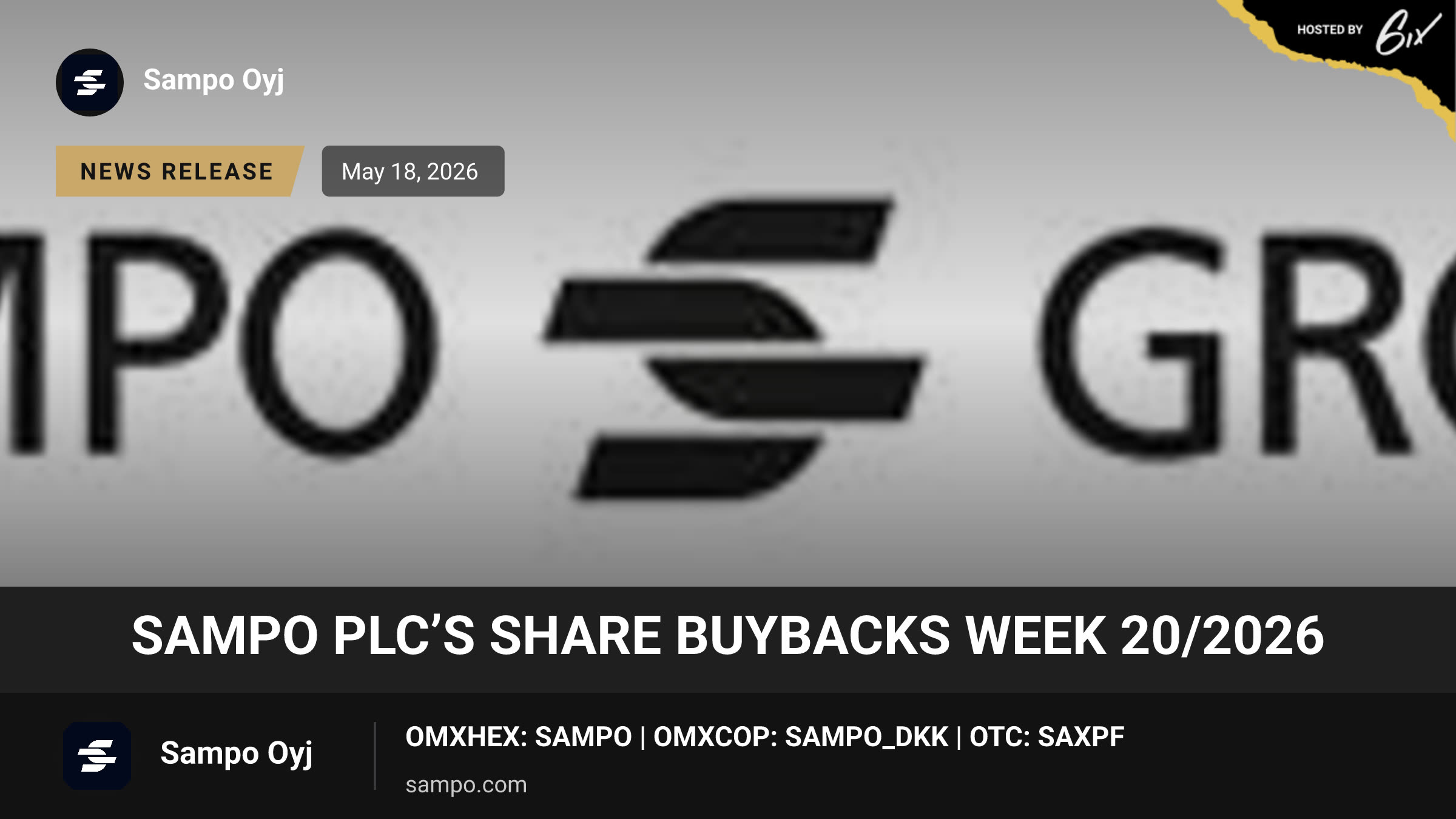 Sampo plc’s share buybacks week 20/2026