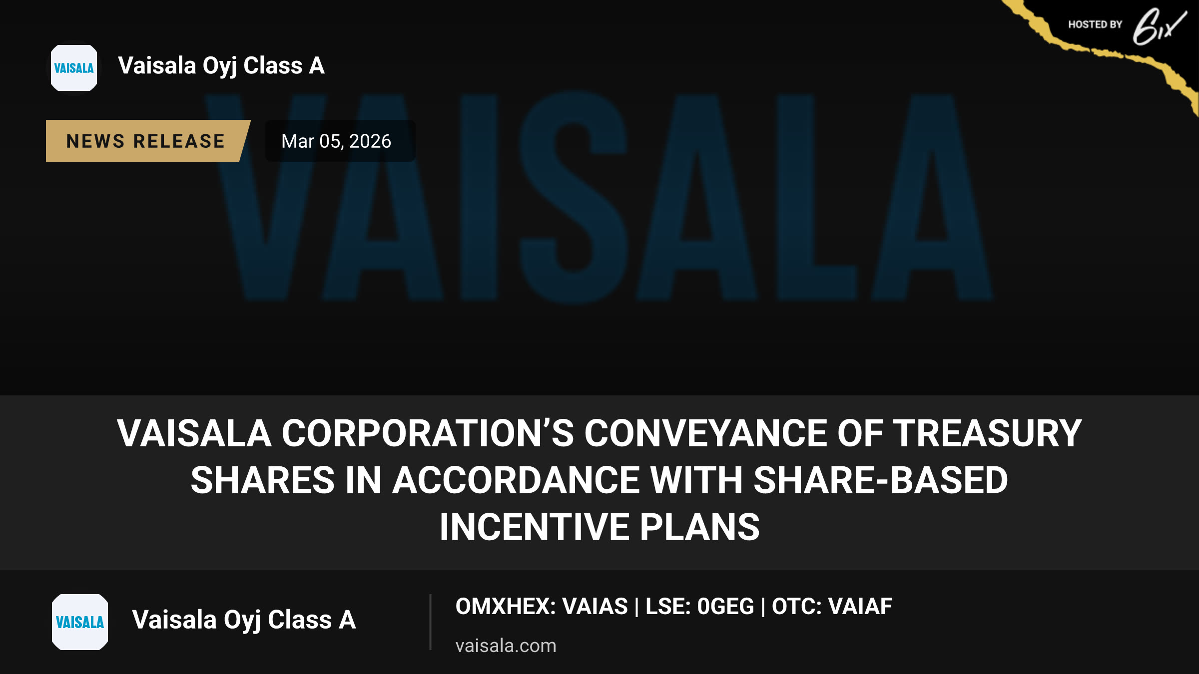 Vaisala Corporation’s conveyance of treasury shares in accordance with share-based incentive plans