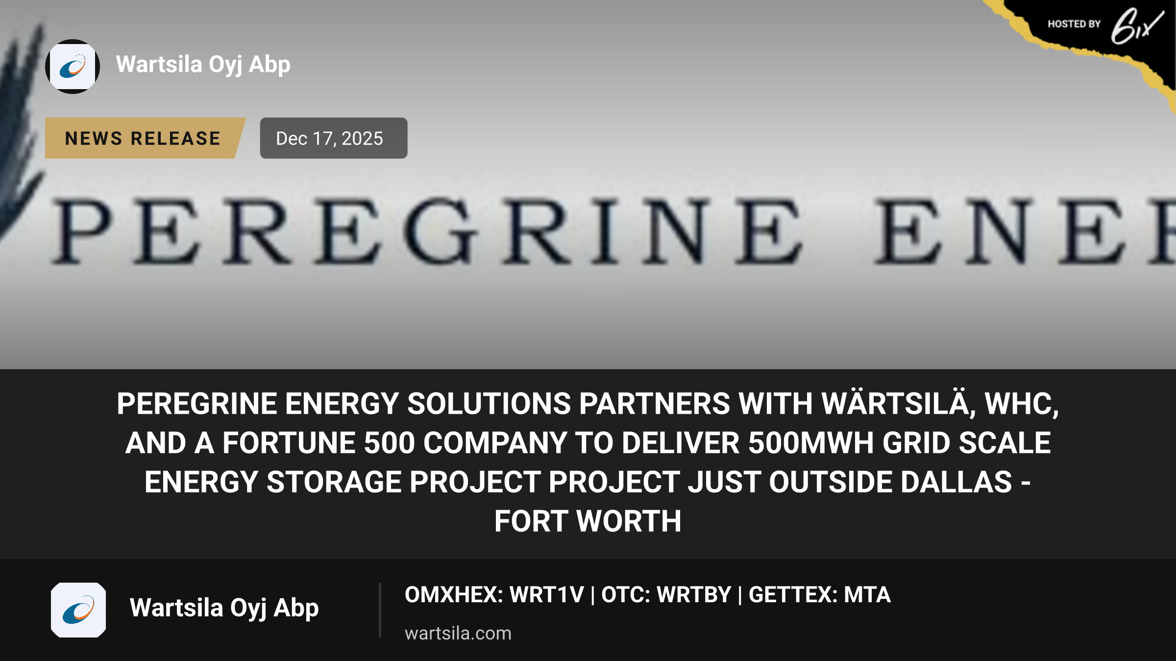 Peregrine Energy Solutions Partners with Wärtsilä, WHC, and a Fortune 500 Company to Deliver 500MWh Grid Scale Energy Storage Project Project Just Outside Dallas - Fort Worth