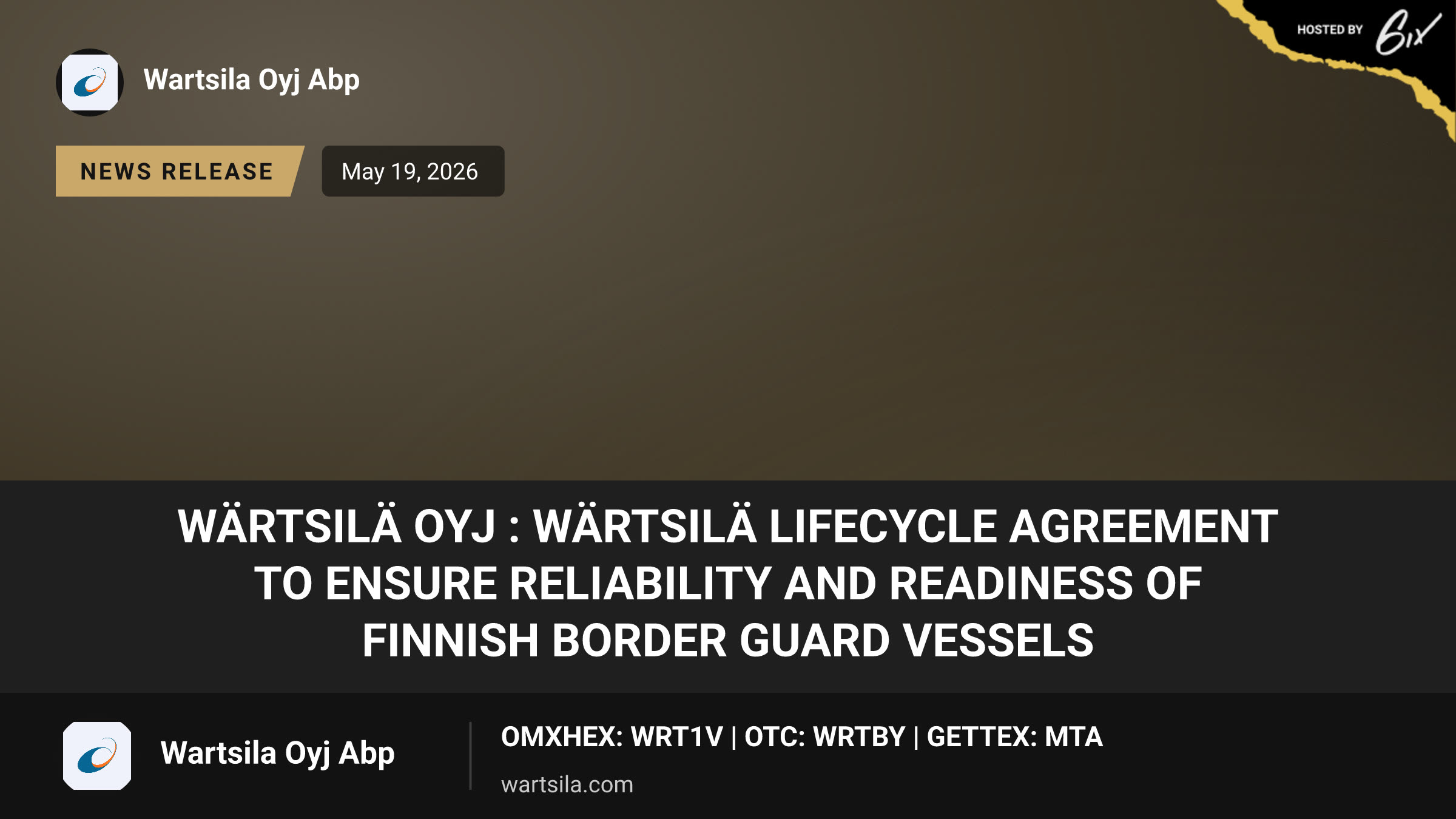 Wärtsilä Oyj : Wärtsilä Lifecycle Agreement to ensure reliability and readiness of Finnish Border Guard vessels