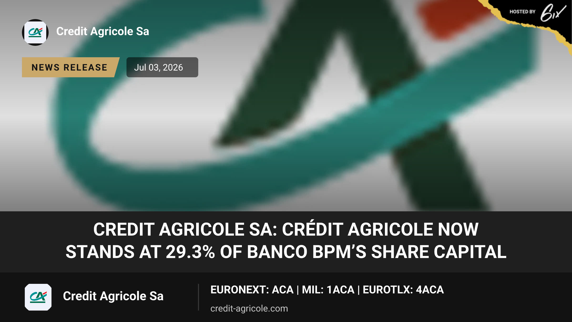 CREDIT AGRICOLE SA: Crédit Agricole now stands at 29.3% of Banco BPM’s share capital