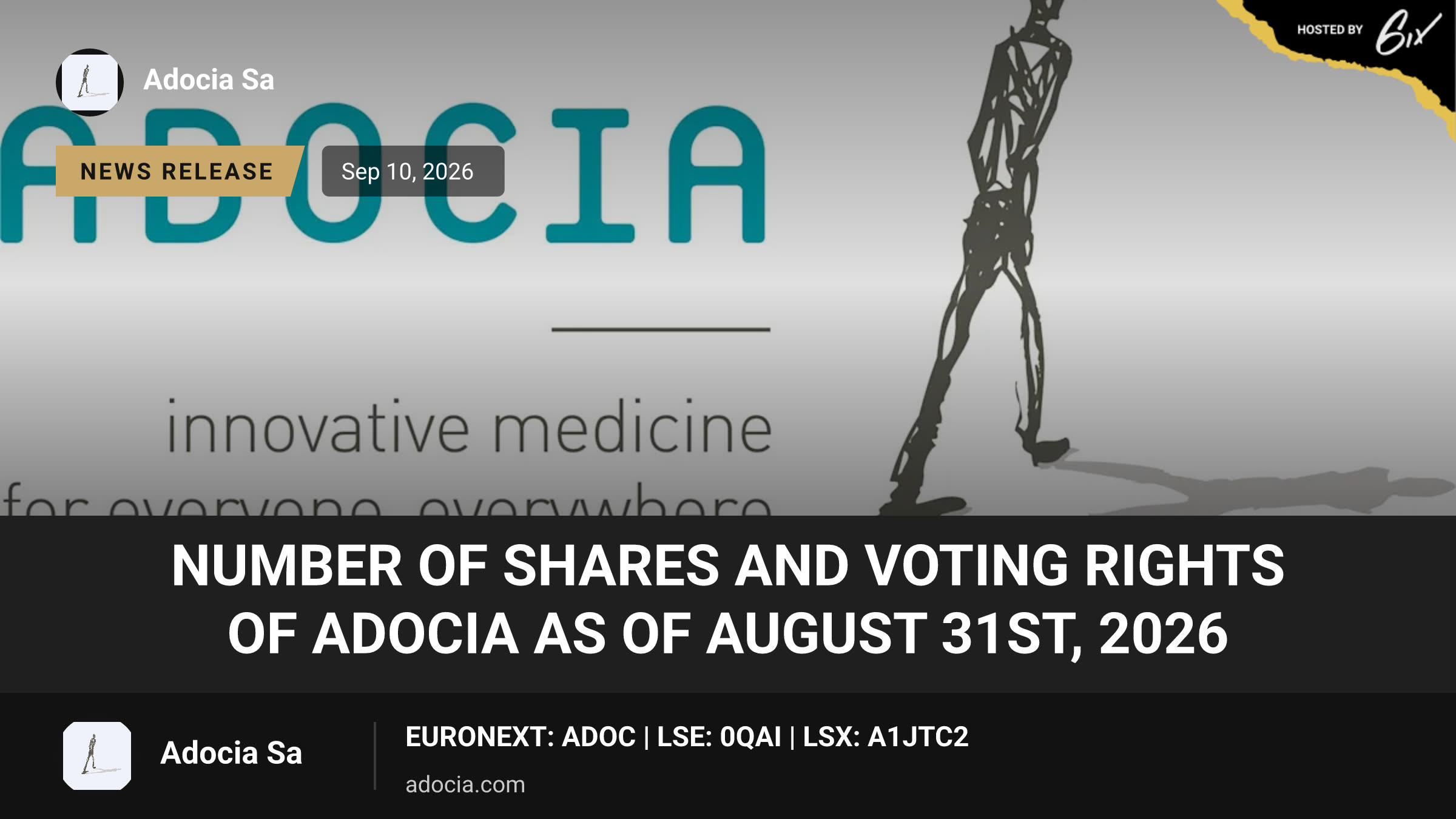 Number of Shares and Voting Rights of ADOCIA as of August 31st, 2026