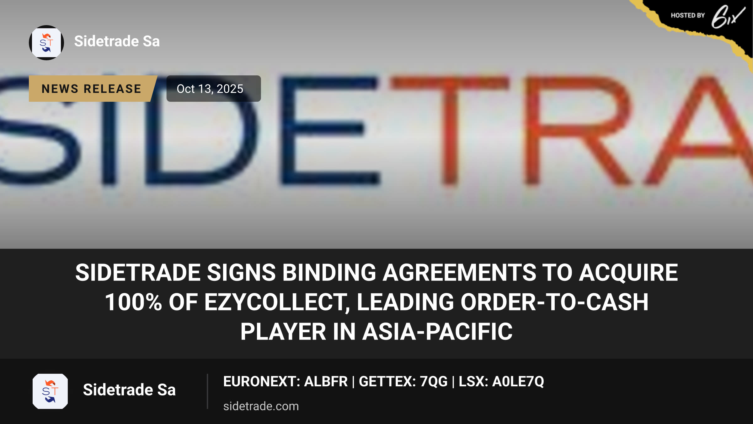 Sidetrade signs binding agreements to acquire 100% of ezyCollect, leading Order-to-Cash player in Asia-Pacific