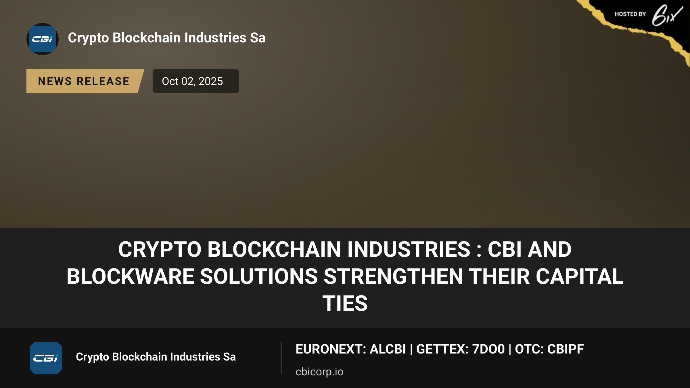 Crypto Blockchain Industries : CBI and Blockware Solutions strengthen their capital ties
