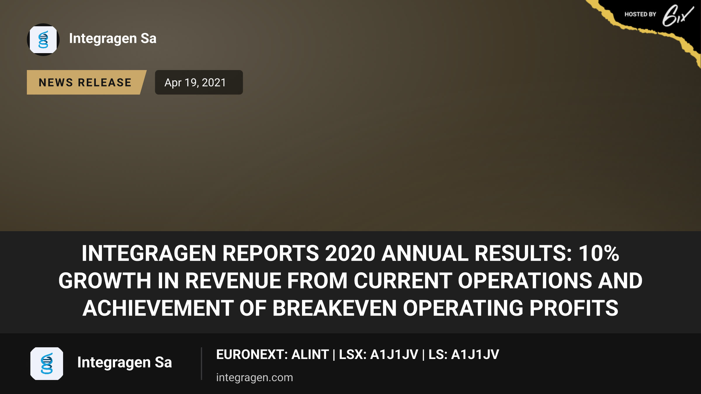 IntegraGen reports 2020 annual results: 10% growth in revenue from current operations and achievement of breakeven operating profits
