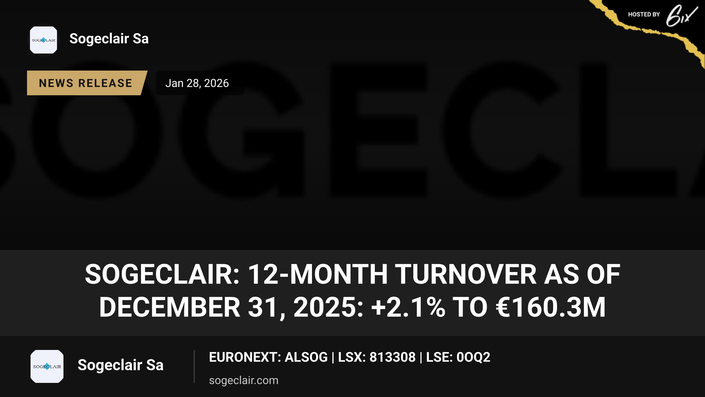 Sogeclair: 12-MONTH TURNOVER AS OF DECEMBER 31, 2025: +2.1% TO €160.3M