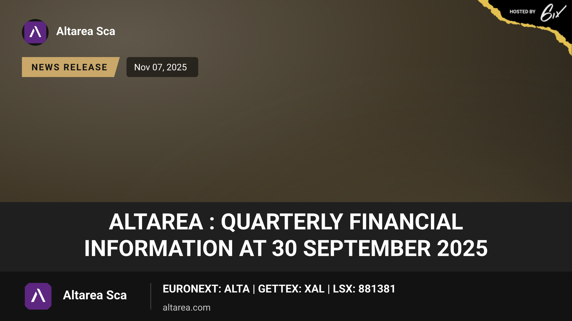 Altarea : Quarterly financial information at 30 September 2025