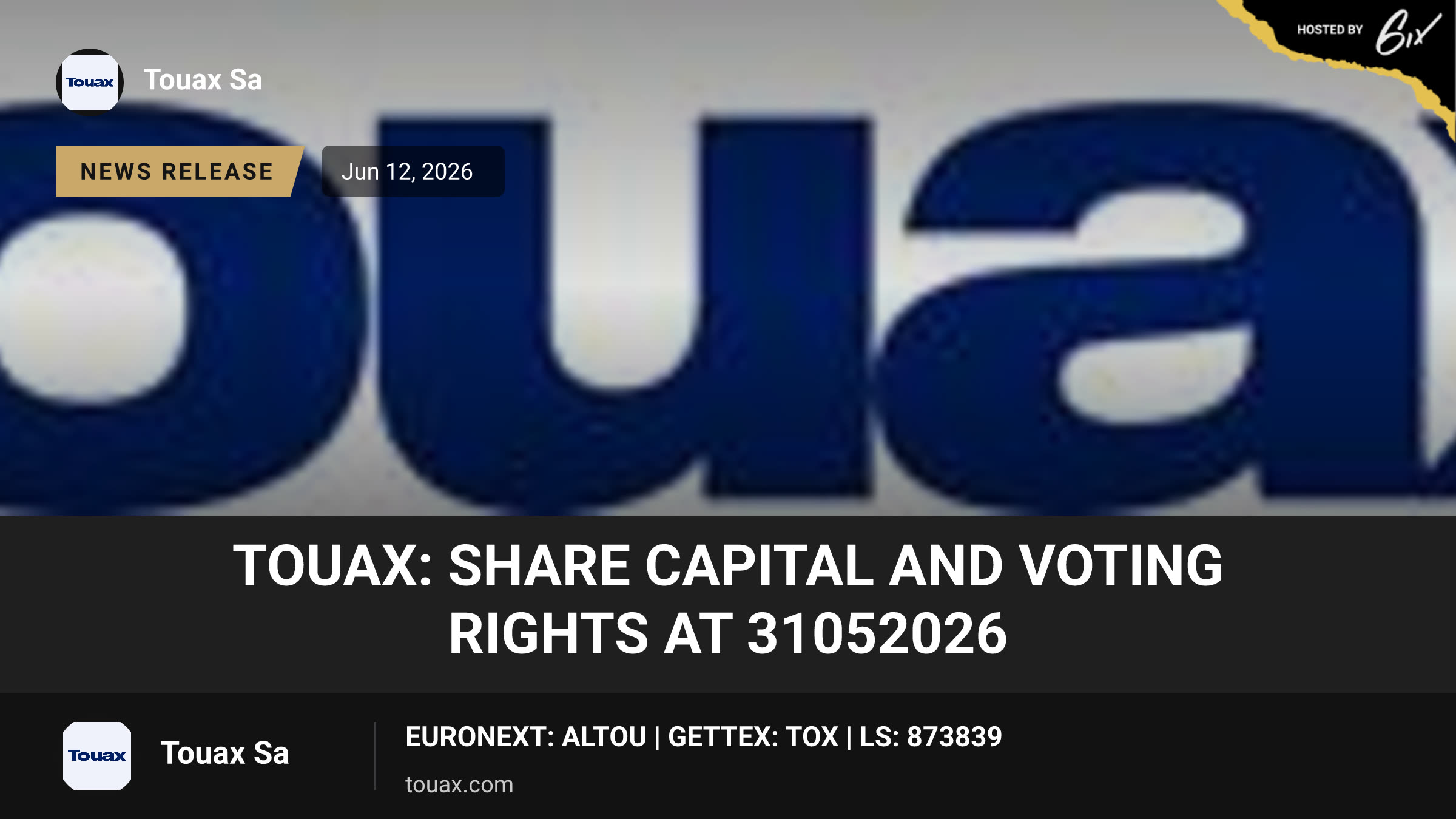 Touax: share capital and voting rights at 31052026
