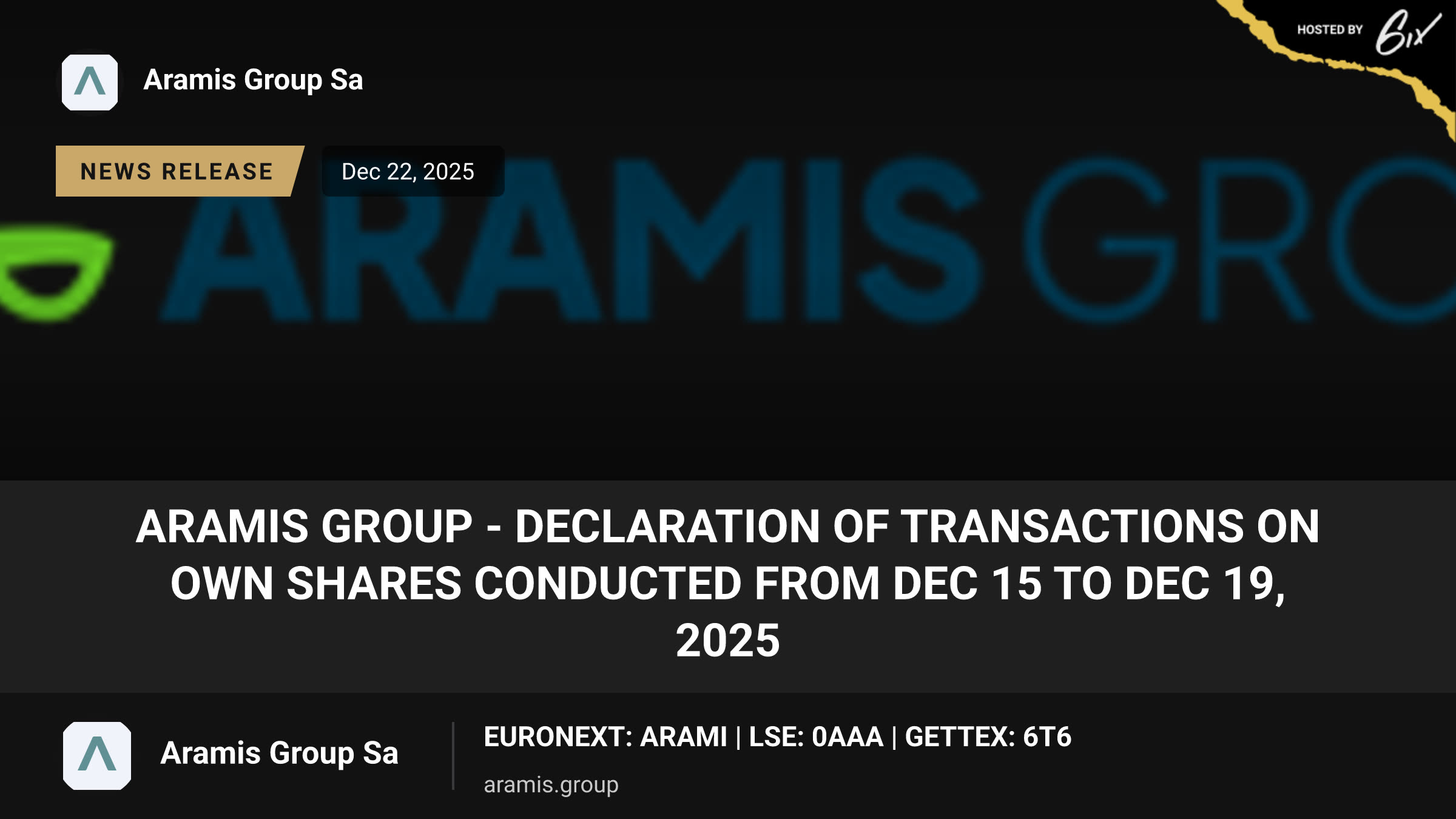 Aramis Group - Declaration of transactions on own shares conducted from Dec 15 to Dec 19, 2025