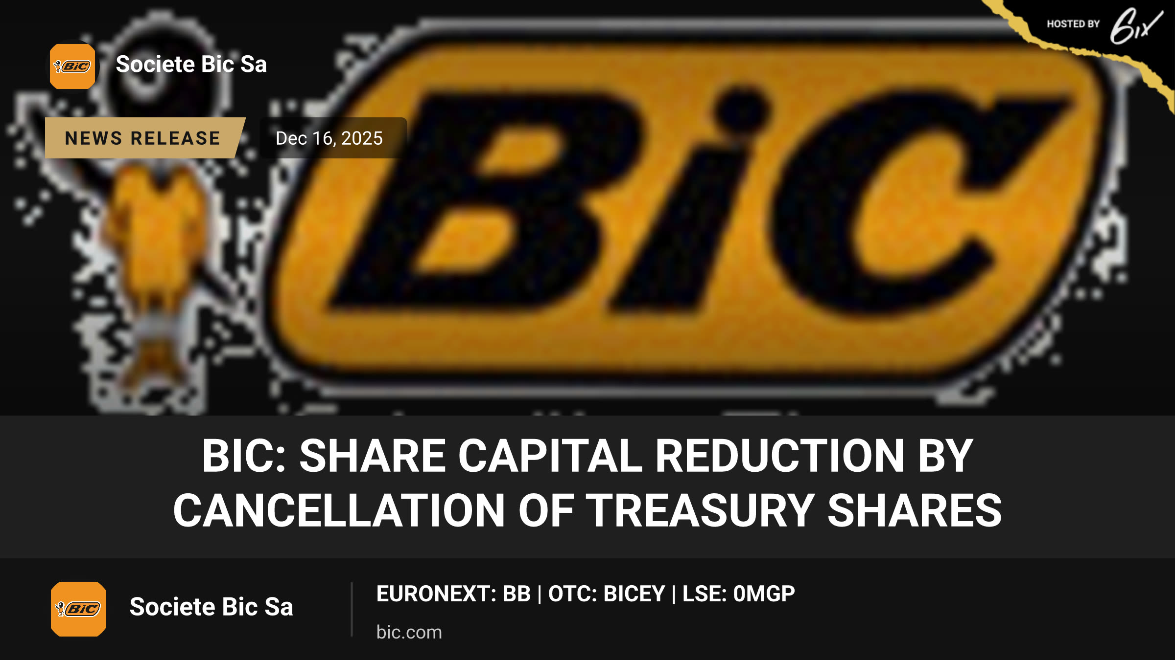 BIC: Share Capital Reduction by Cancellation of Treasury Shares