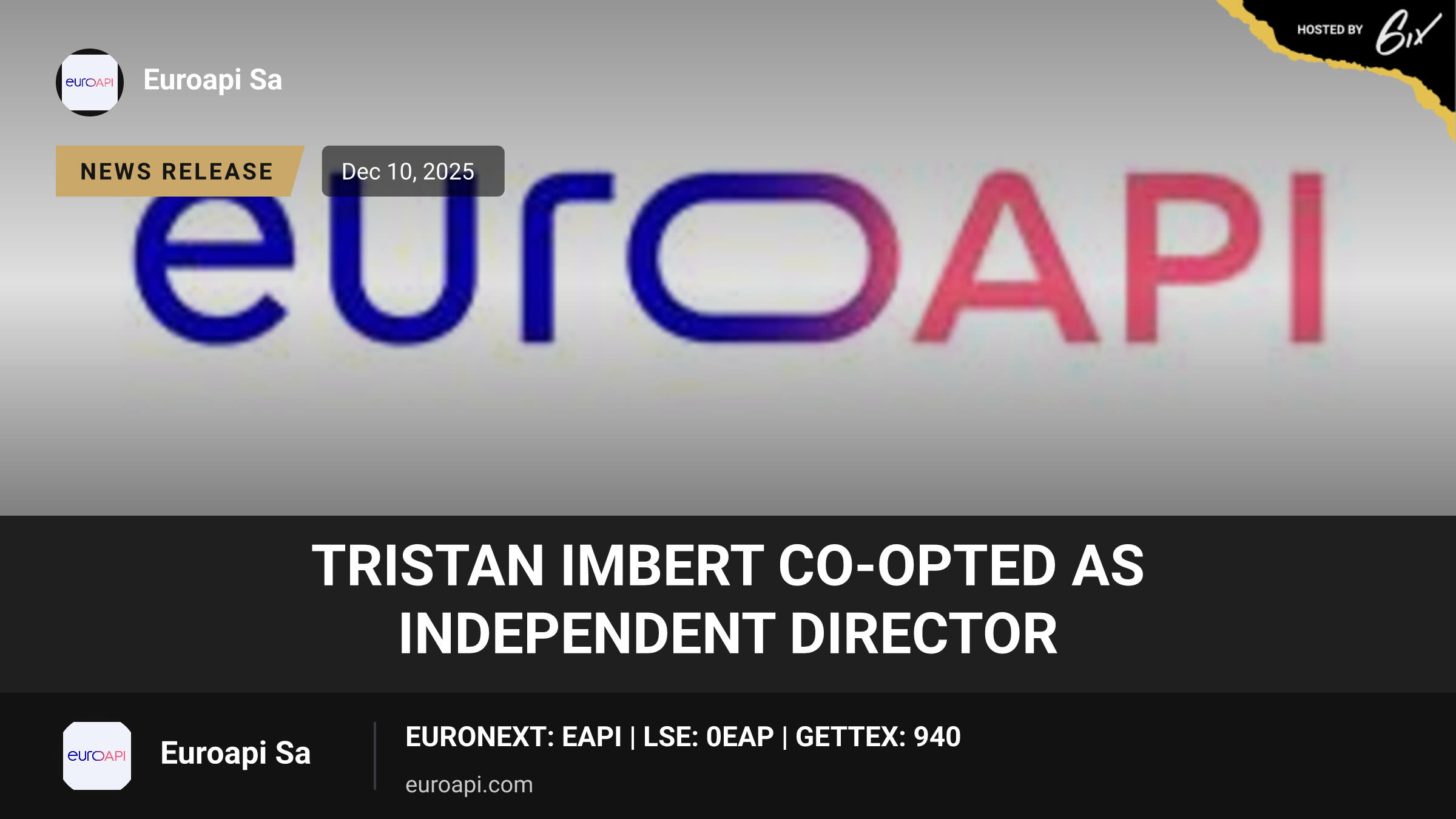Tristan Imbert co-opted as Independent Director
