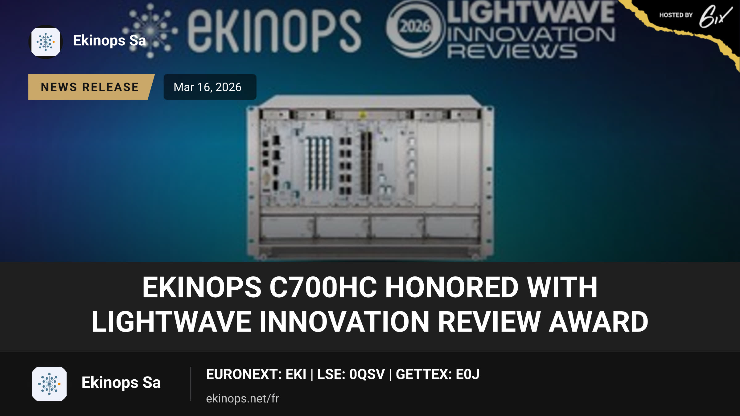 Ekinops C700HC Honored with Lightwave Innovation Review Award