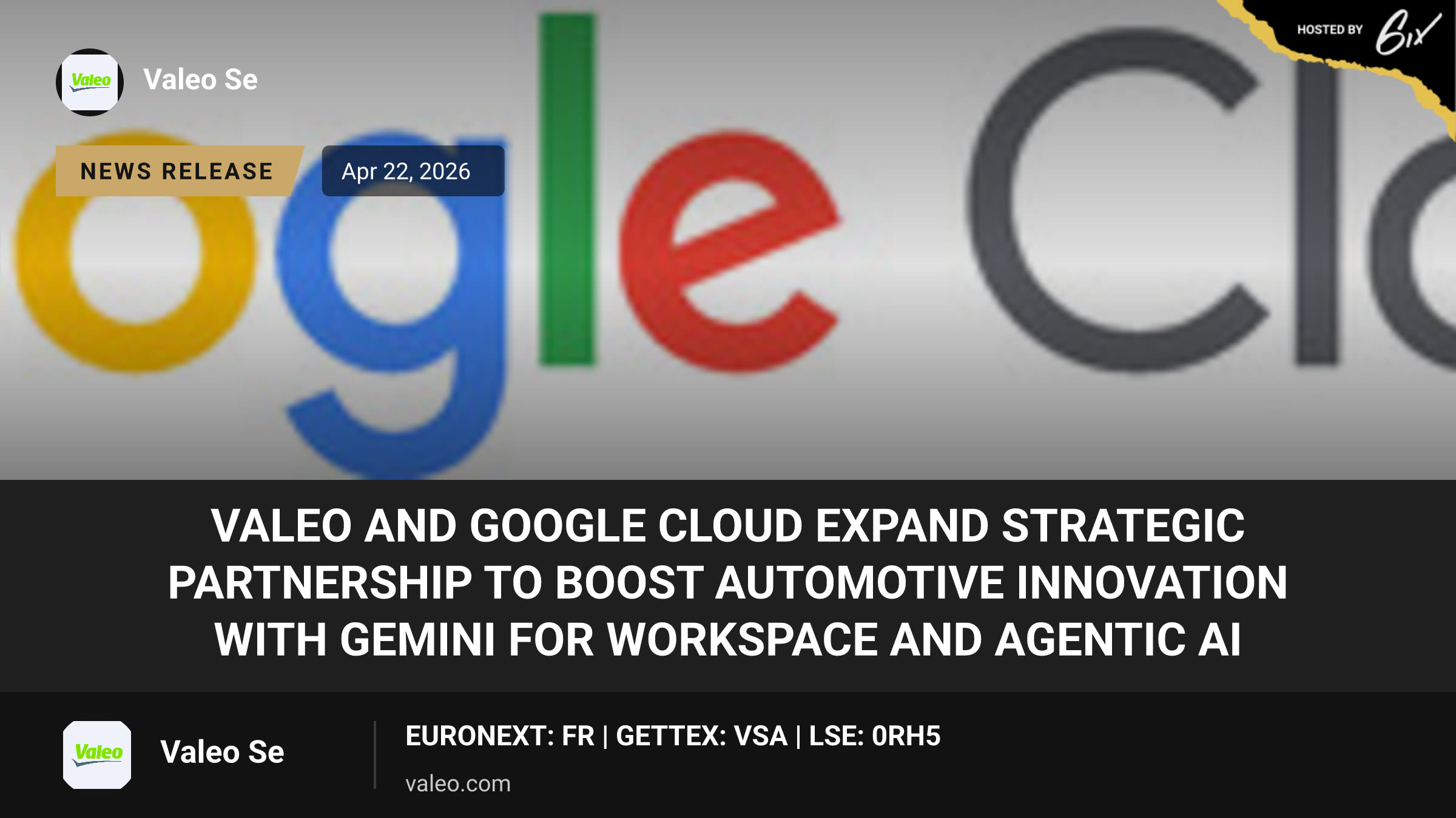 Valeo and Google Cloud Expand Strategic Partnership to Boost Automotive Innovation with Gemini for Workspace and Agentic AI