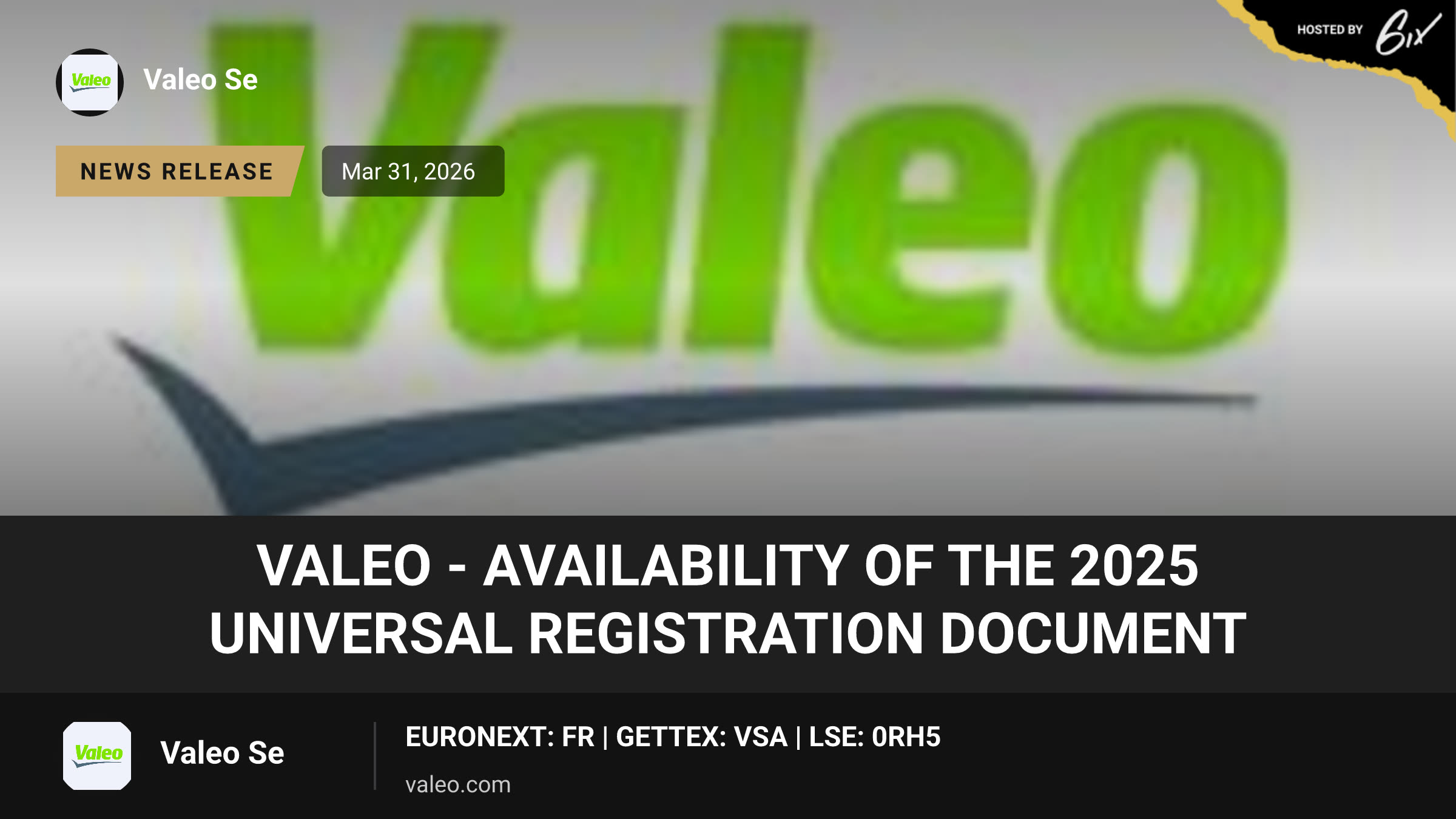 Valeo - Availability of the 2025 Universal Registration Document