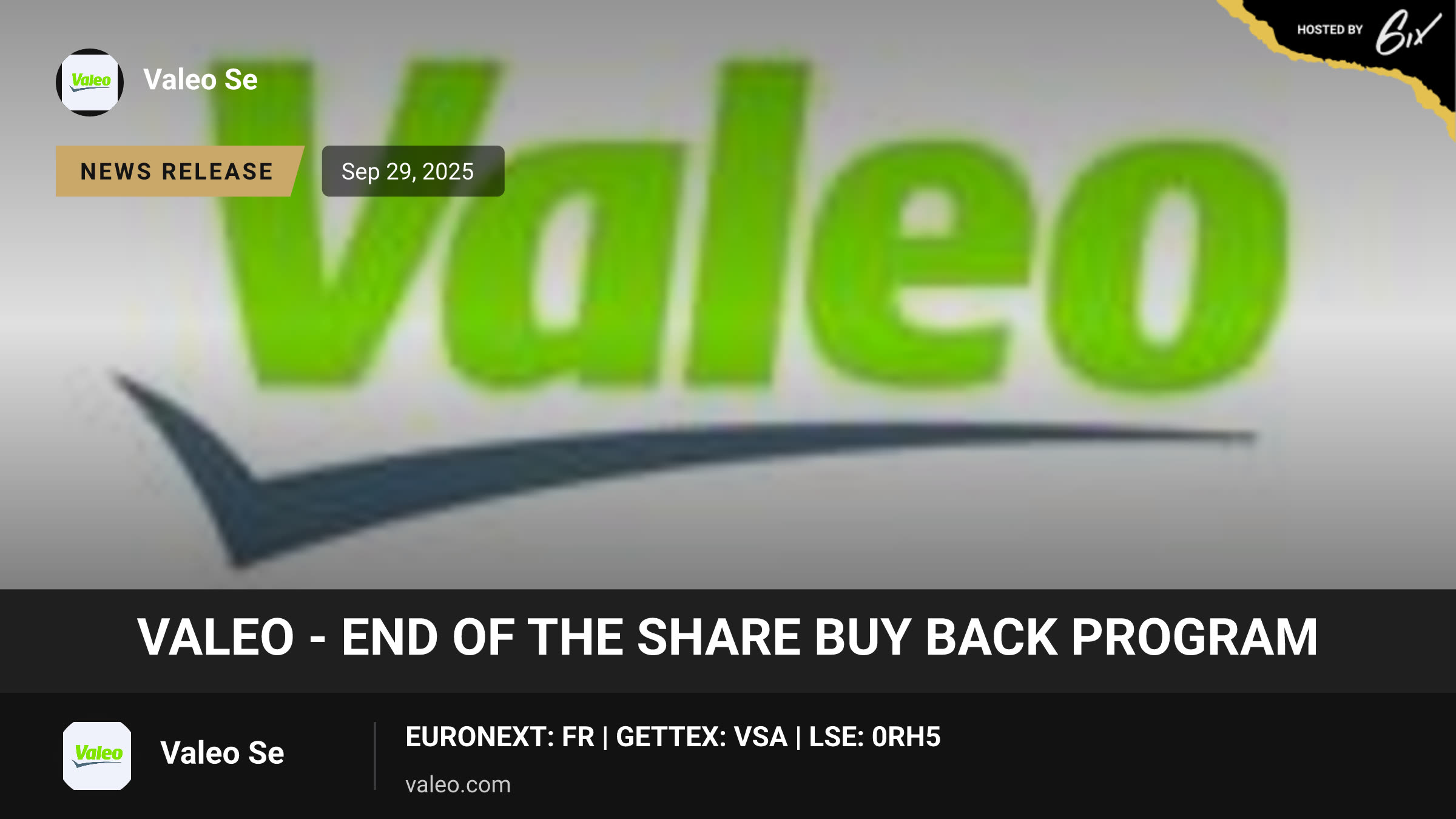 Valeo - End of the share buy back program