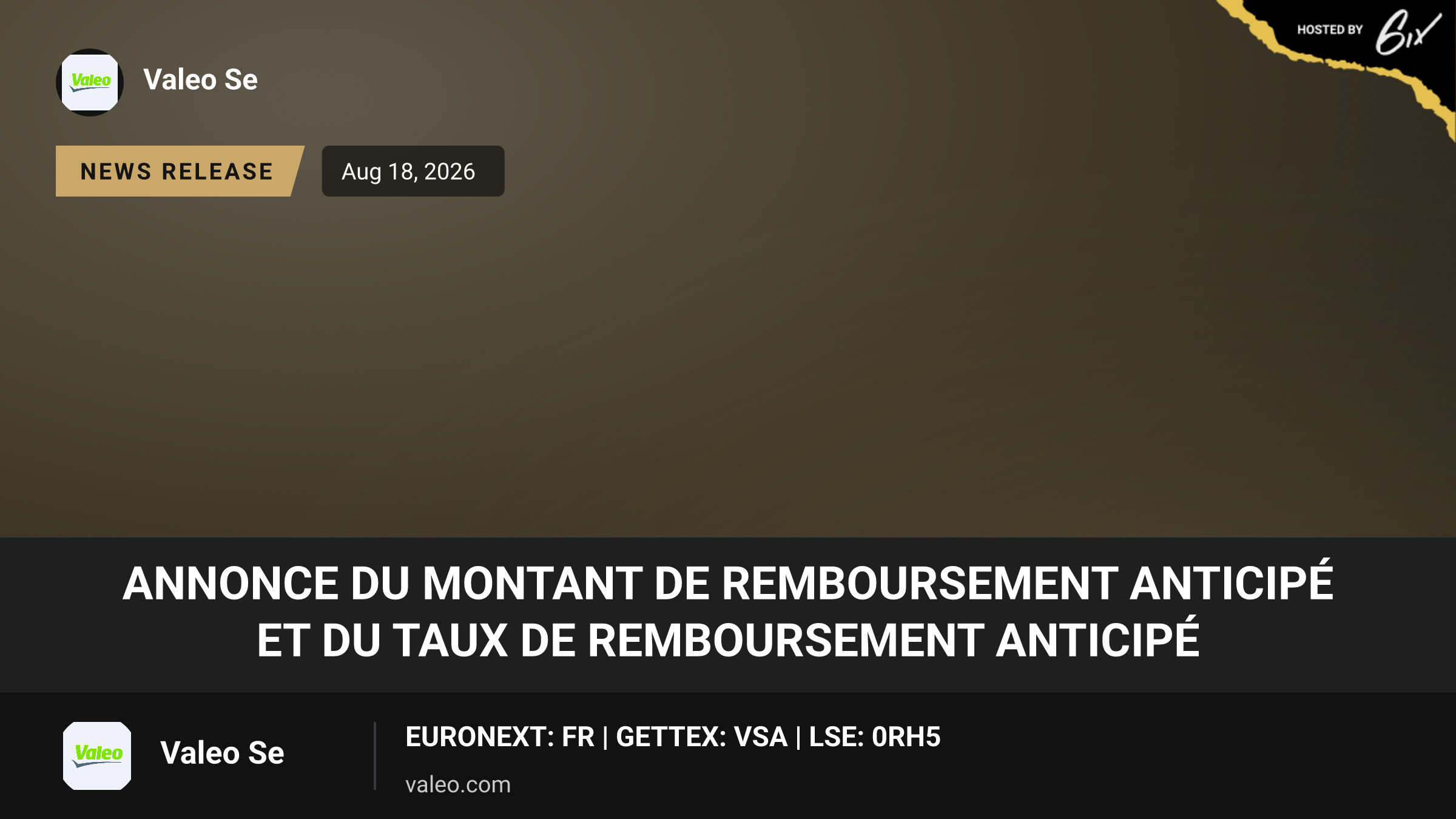 ANNONCE DU MONTANT DE REMBOURSEMENT ANTICIPÉ ET DU TAUX DE REMBOURSEMENT ANTICIPÉ