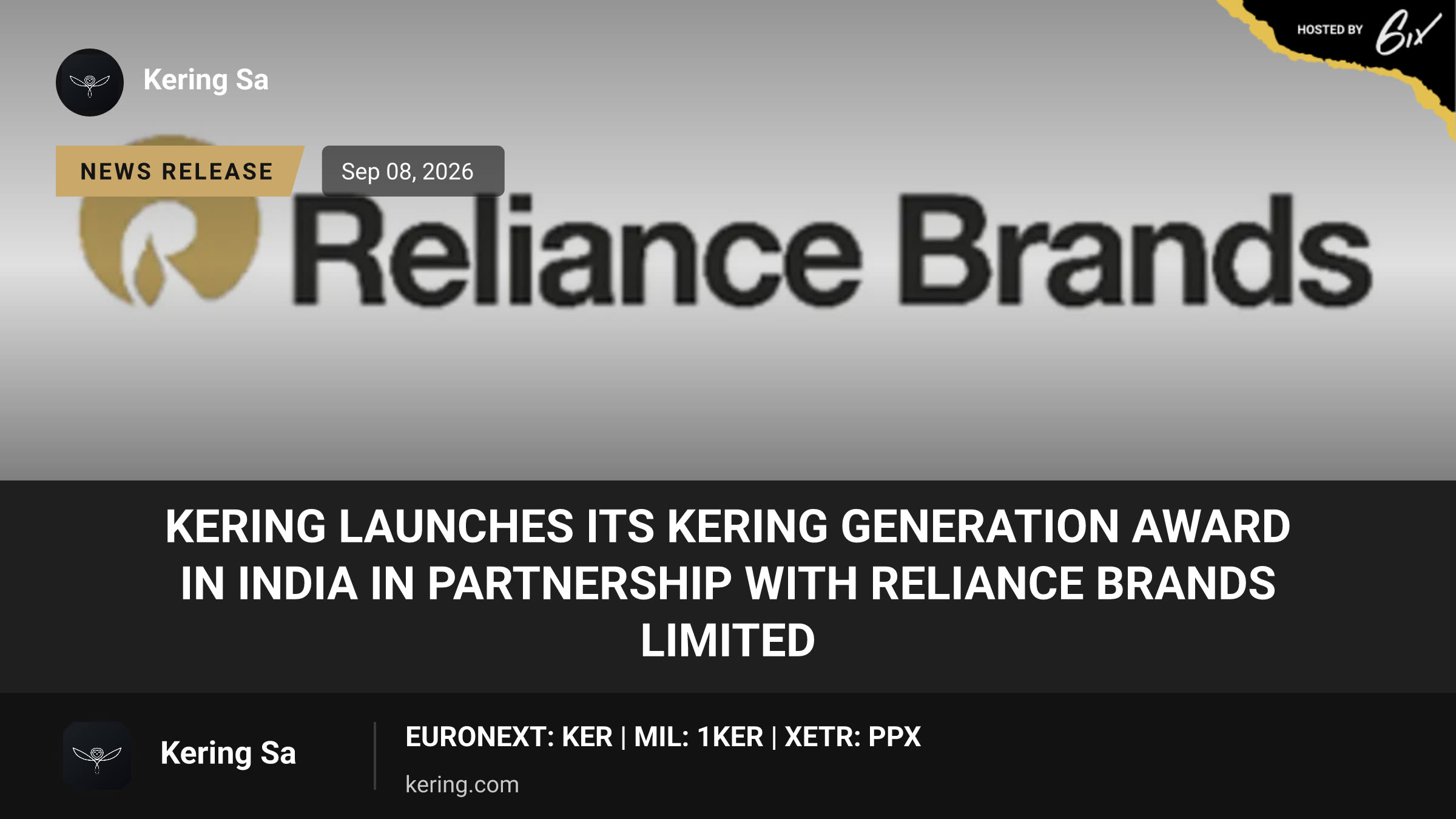 KERING LAUNCHES ITS KERING GENERATION AWARD IN INDIA IN PARTNERSHIP WITH RELIANCE BRANDS LIMITED