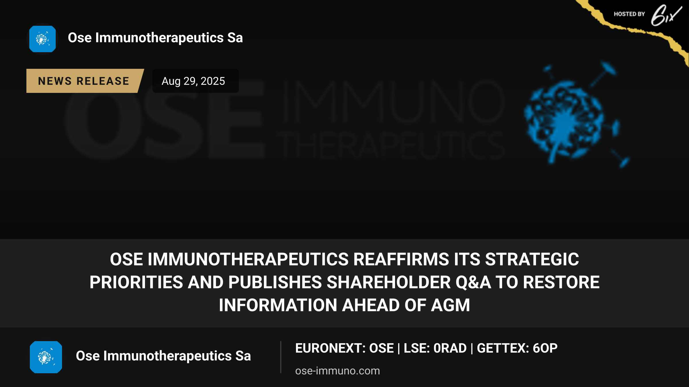 OSE Immunotherapeutics Reaffirms its Strategic Priorities and Publishes Shareholder Q&A to Restore Information Ahead of AGM