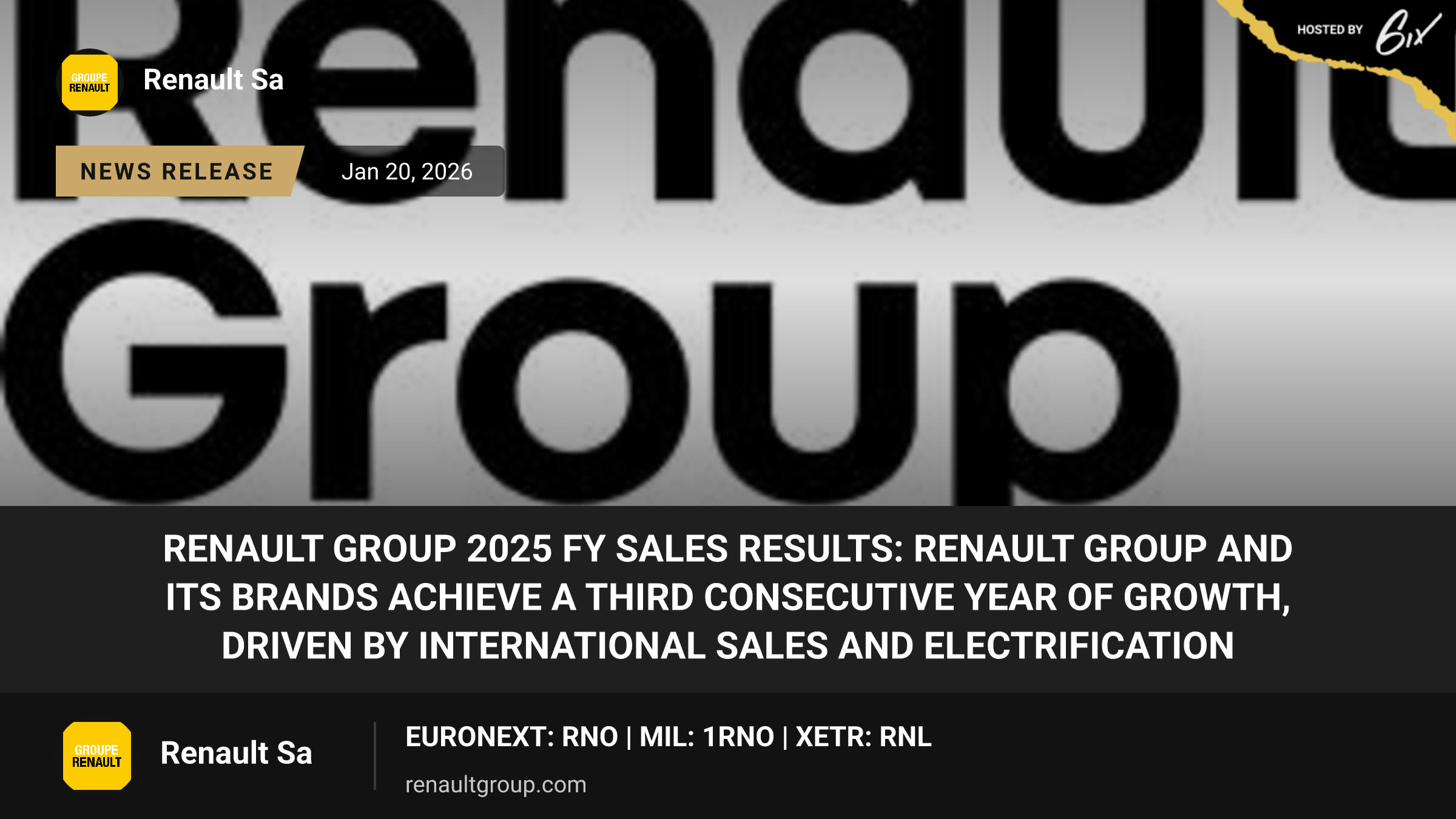 Renault Group 2025 FY sales results: Renault Group and its brands achieve a third consecutive year of growth, driven by international sales and electrification