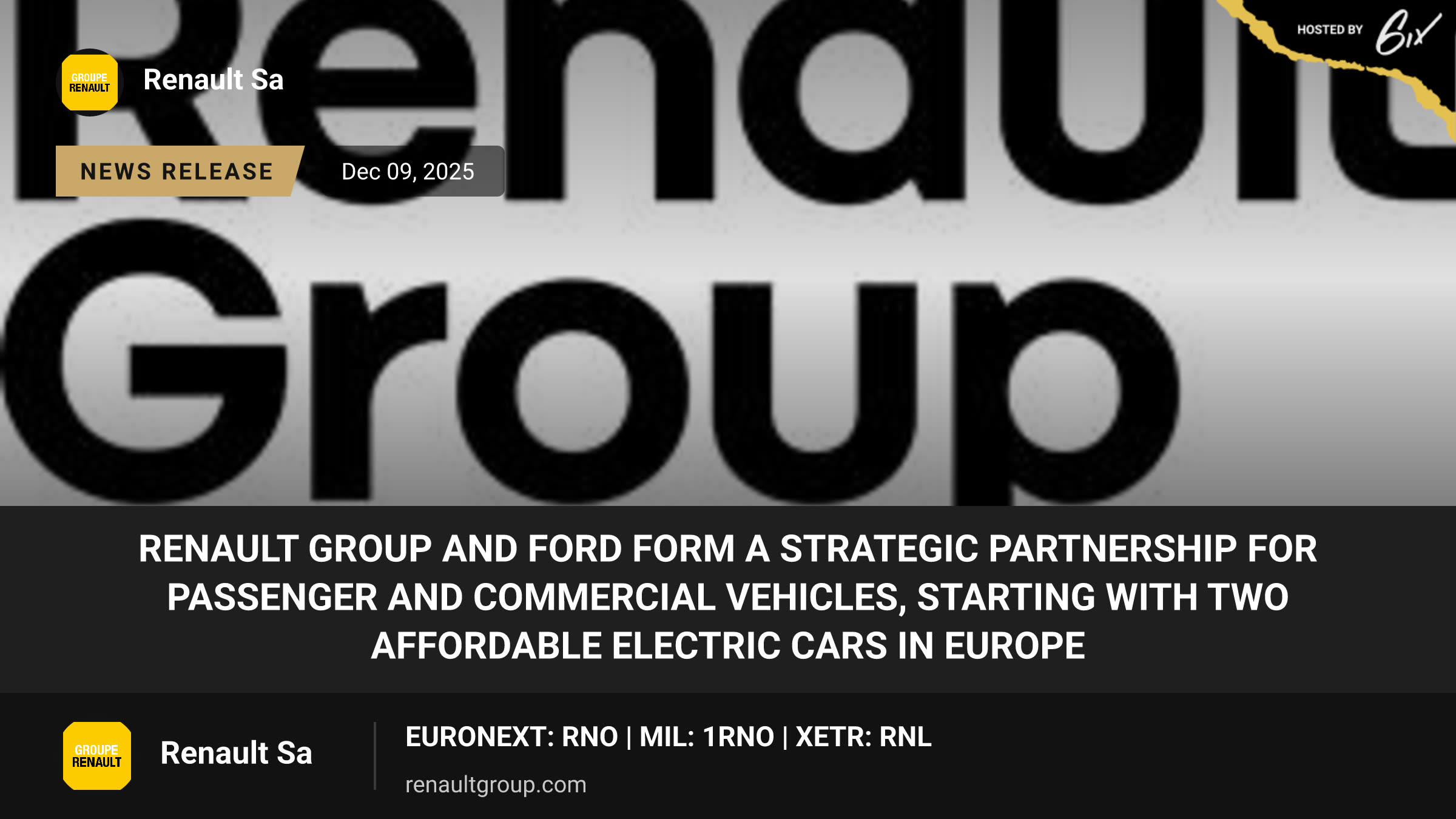 Renault Group and Ford form a strategic partnership for passenger and commercial vehicles, starting with two affordable electric cars in Europe