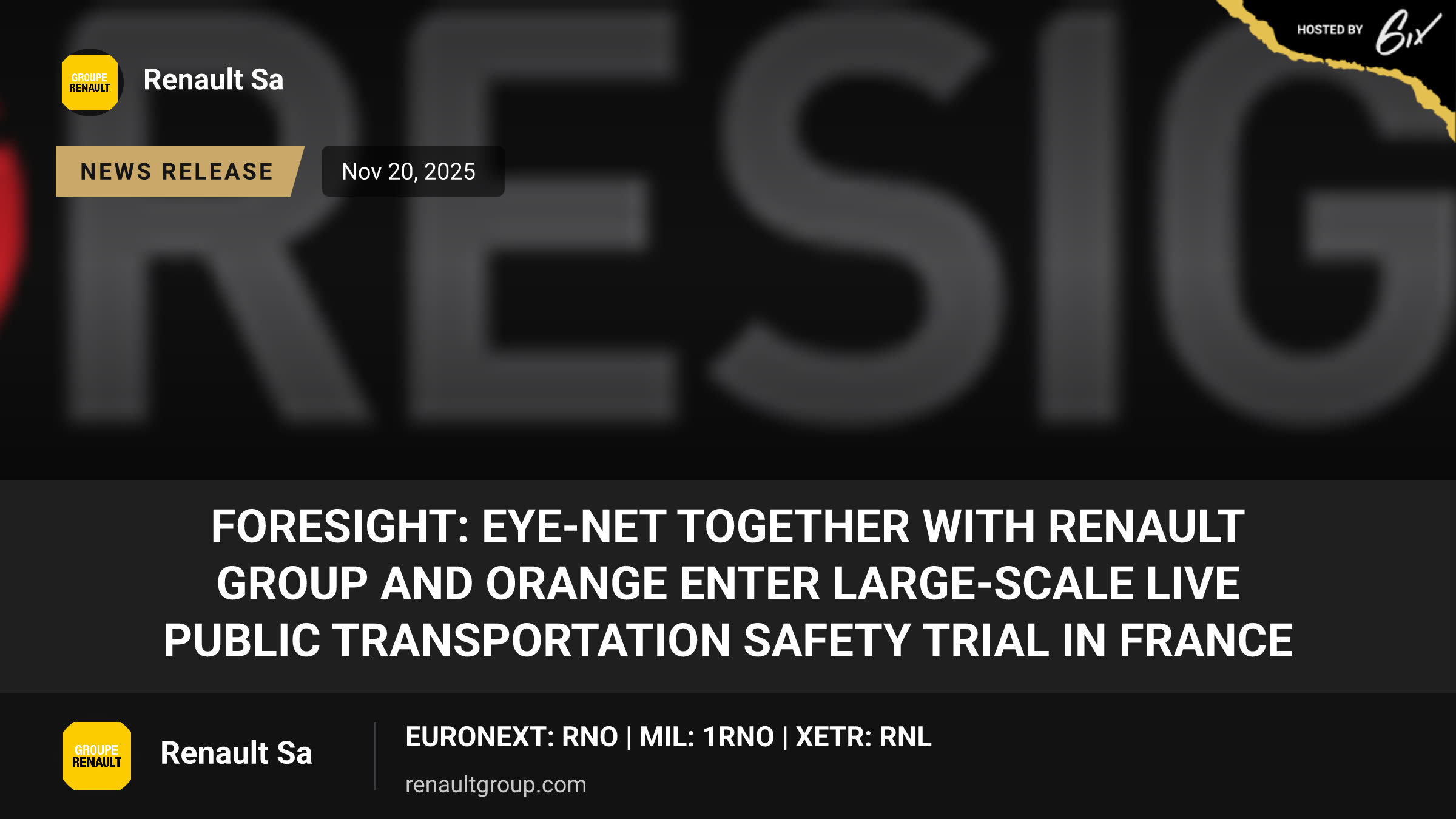 Foresight: Eye-Net Together with Renault Group and Orange Enter Large-Scale Live Public Transportation Safety Trial in France