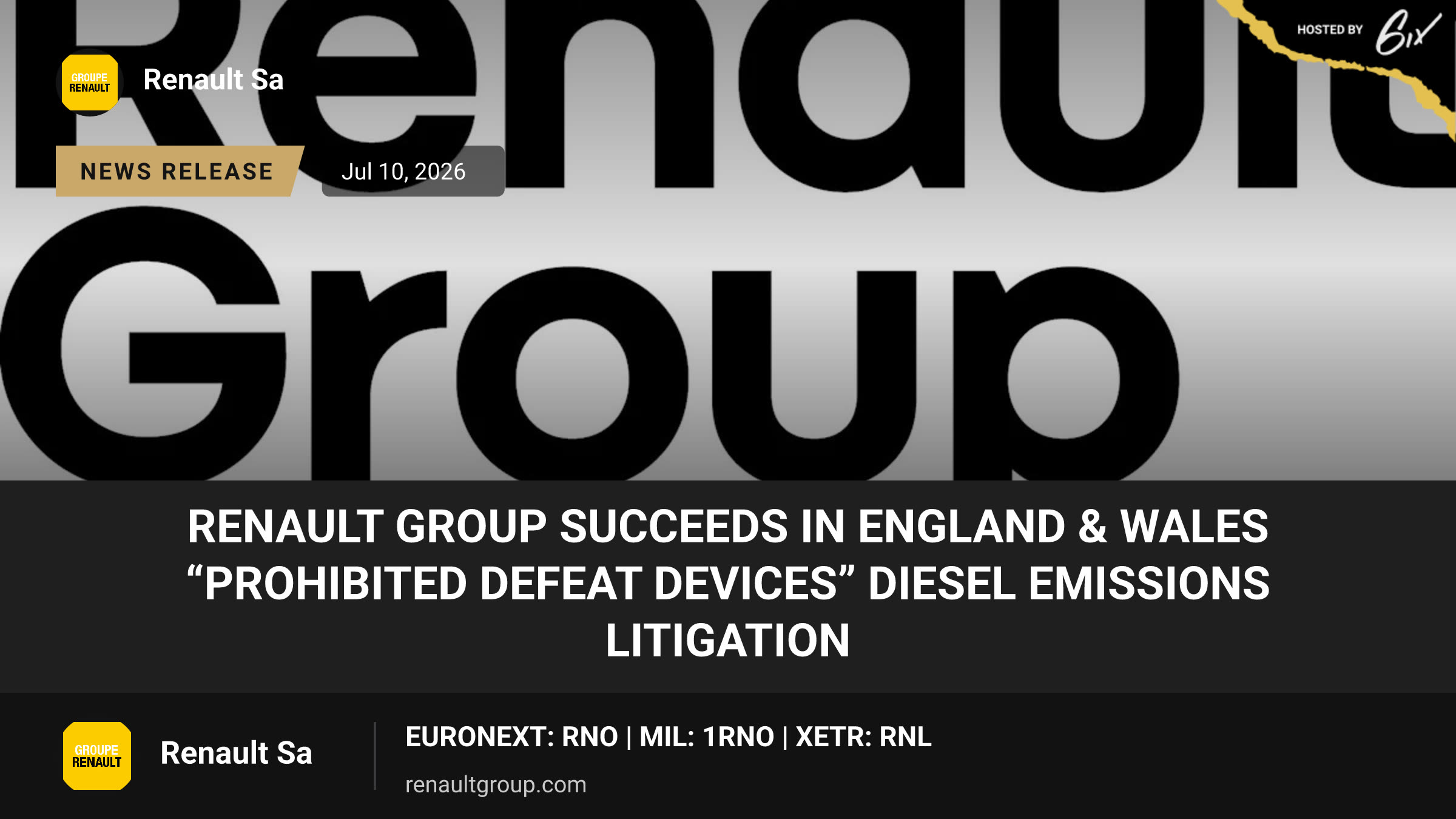 Renault Group succeeds in England & Wales “Prohibited Defeat Devices” diesel emissions litigation