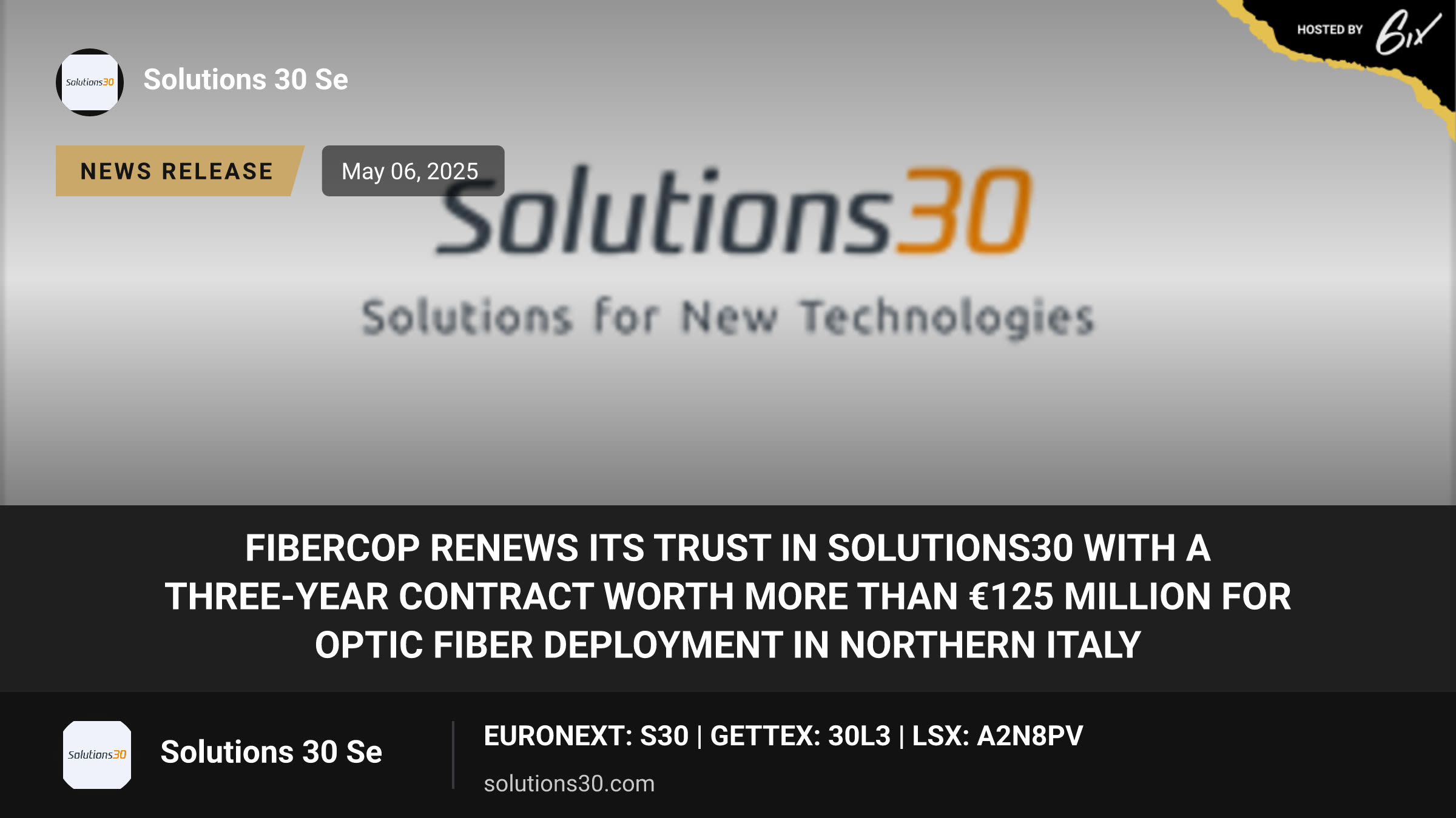 FiberCop renews its trust in Solutions30 with a three-year contract worth more than €125 million for optic fiber deployment in Northern Italy