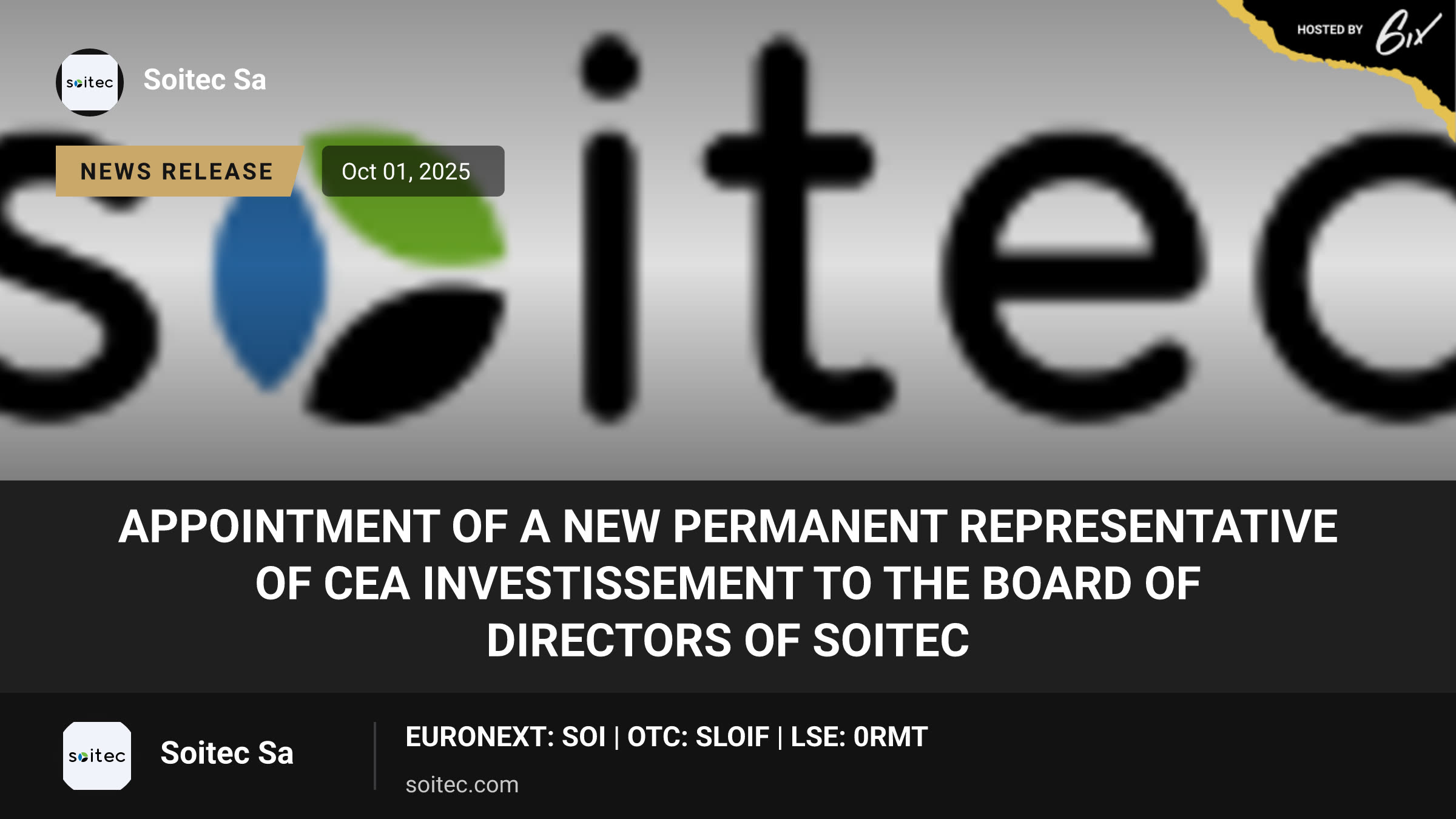 Appointment of a New Permanent Representative of Cea Investissement to the Board of Directors of Soitec