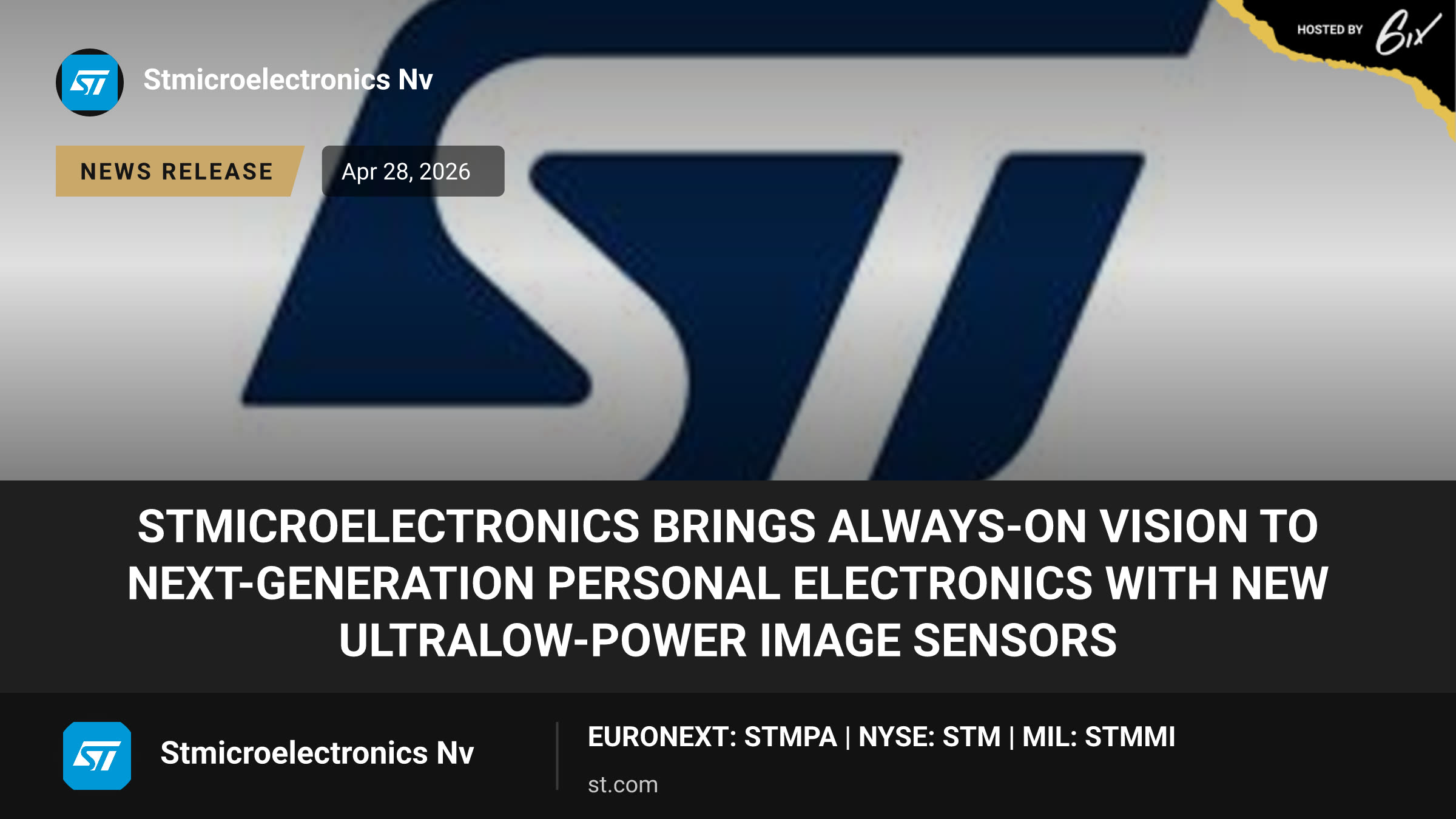 STMicroelectronics brings always-on vision to next-generation personal electronics with new ultralow-power image sensors