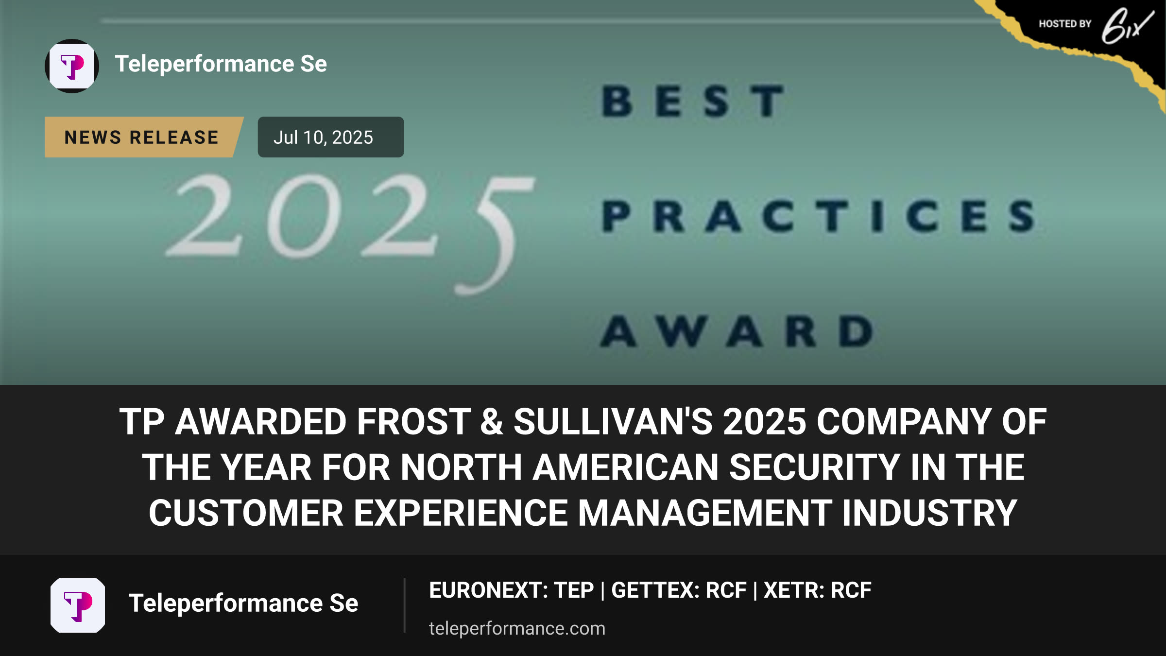 TP awarded Frost & Sullivan's 2025 Company of the Year for North American security in the customer experience management industry