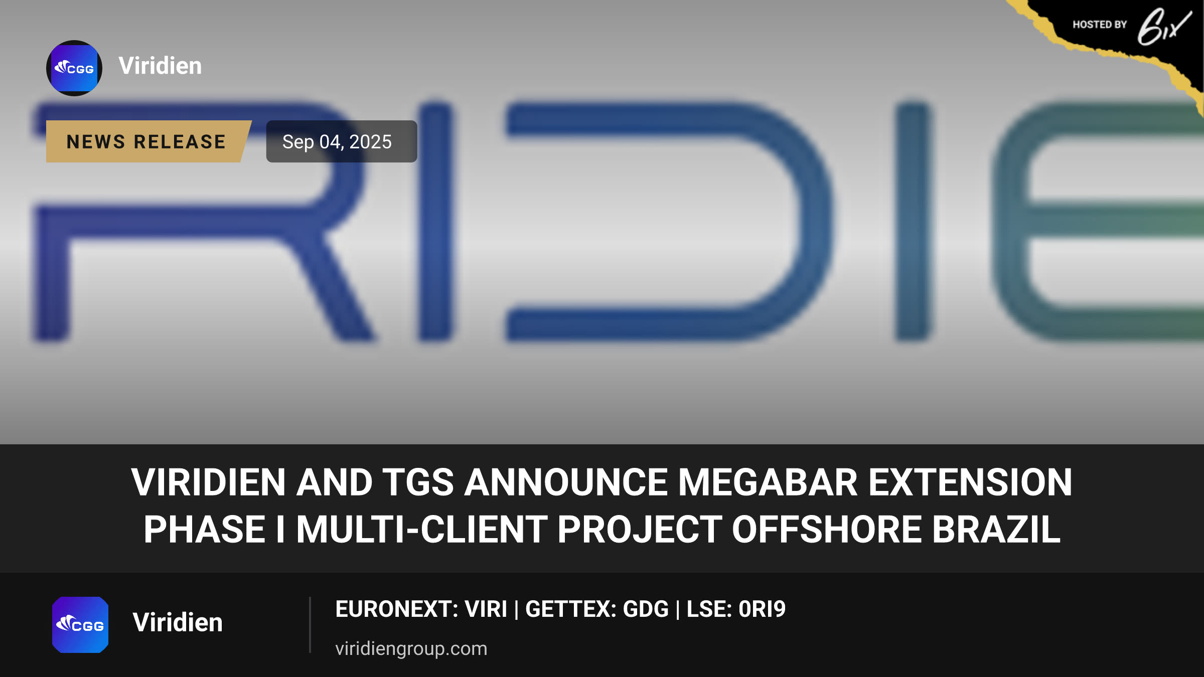 Viridien and TGS Announce Megabar Extension Phase I Multi-client Project Offshore Brazil