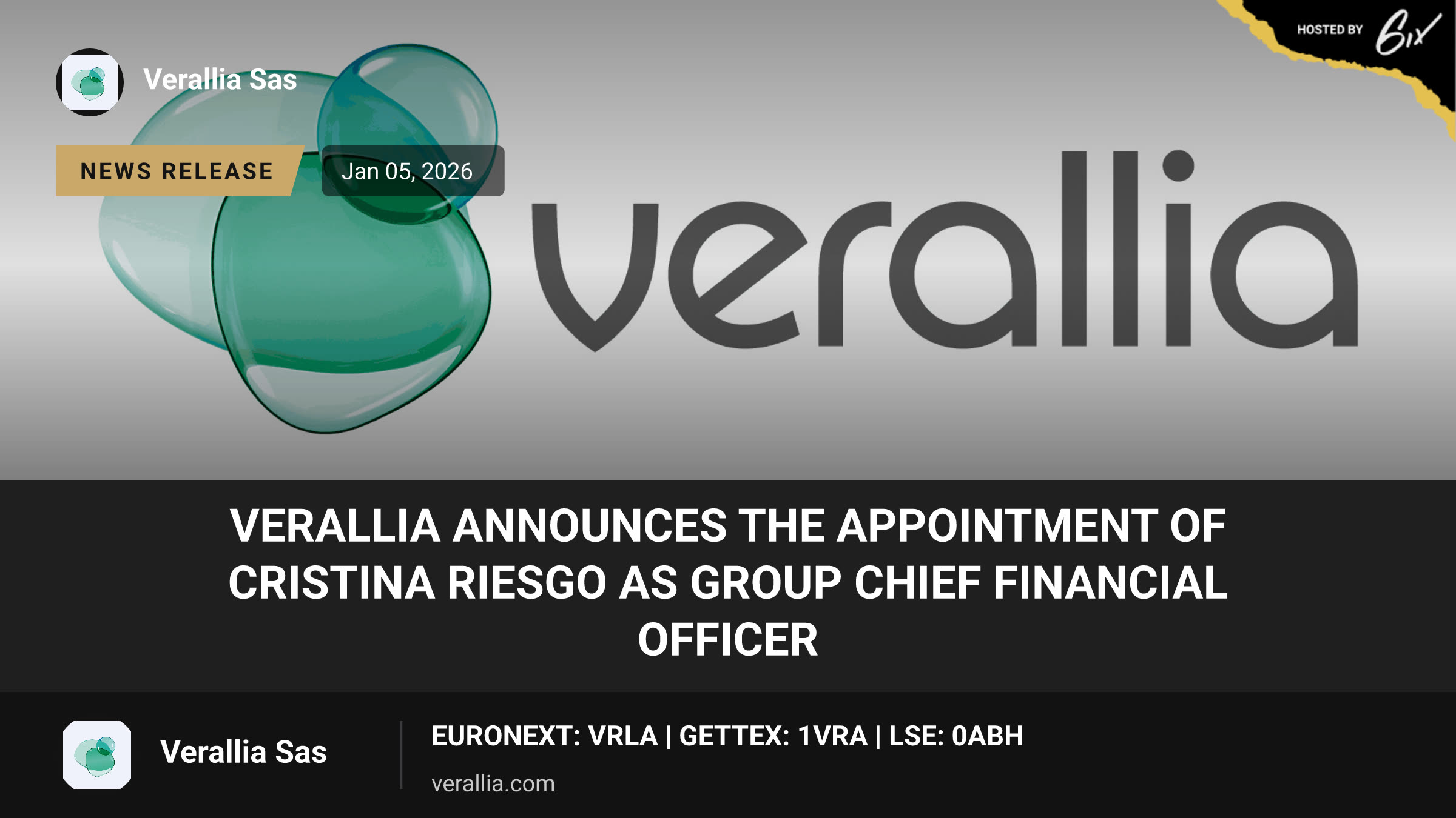 Verallia Announces the Appointment of Cristina Riesgo as Group Chief Financial Officer