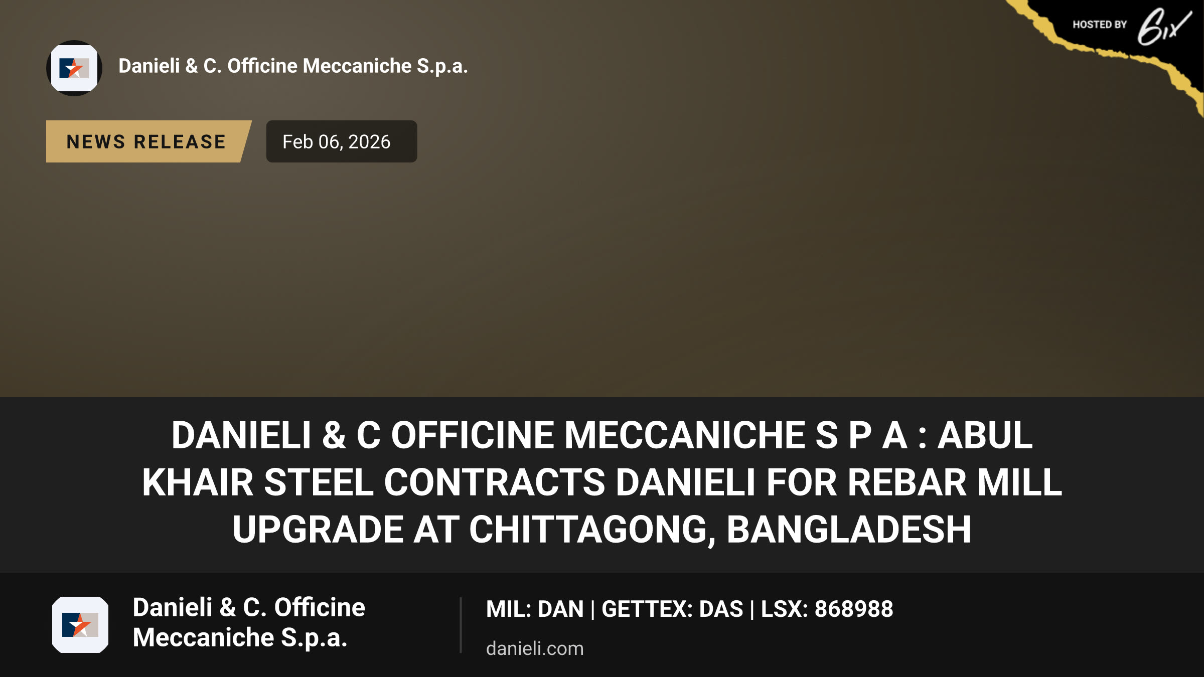 Danieli & C Officine Meccaniche S p A : Abul Khair Steel contracts Danieli for rebar mill upgrade at Chittagong, Bangladesh