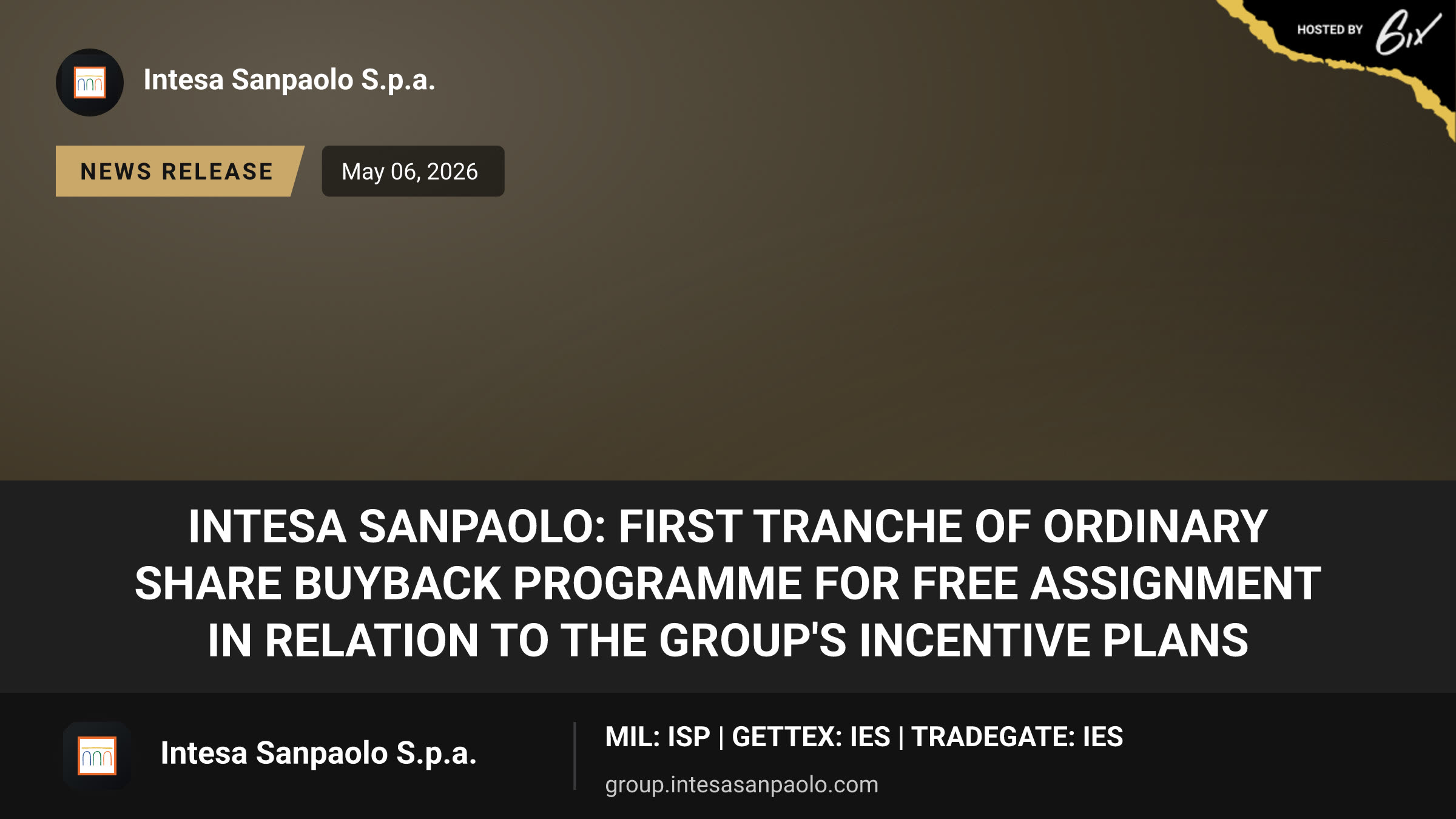 Intesa Sanpaolo: first tranche of ordinary share buyback programme for free assignment in relation to the Group's incentive plans