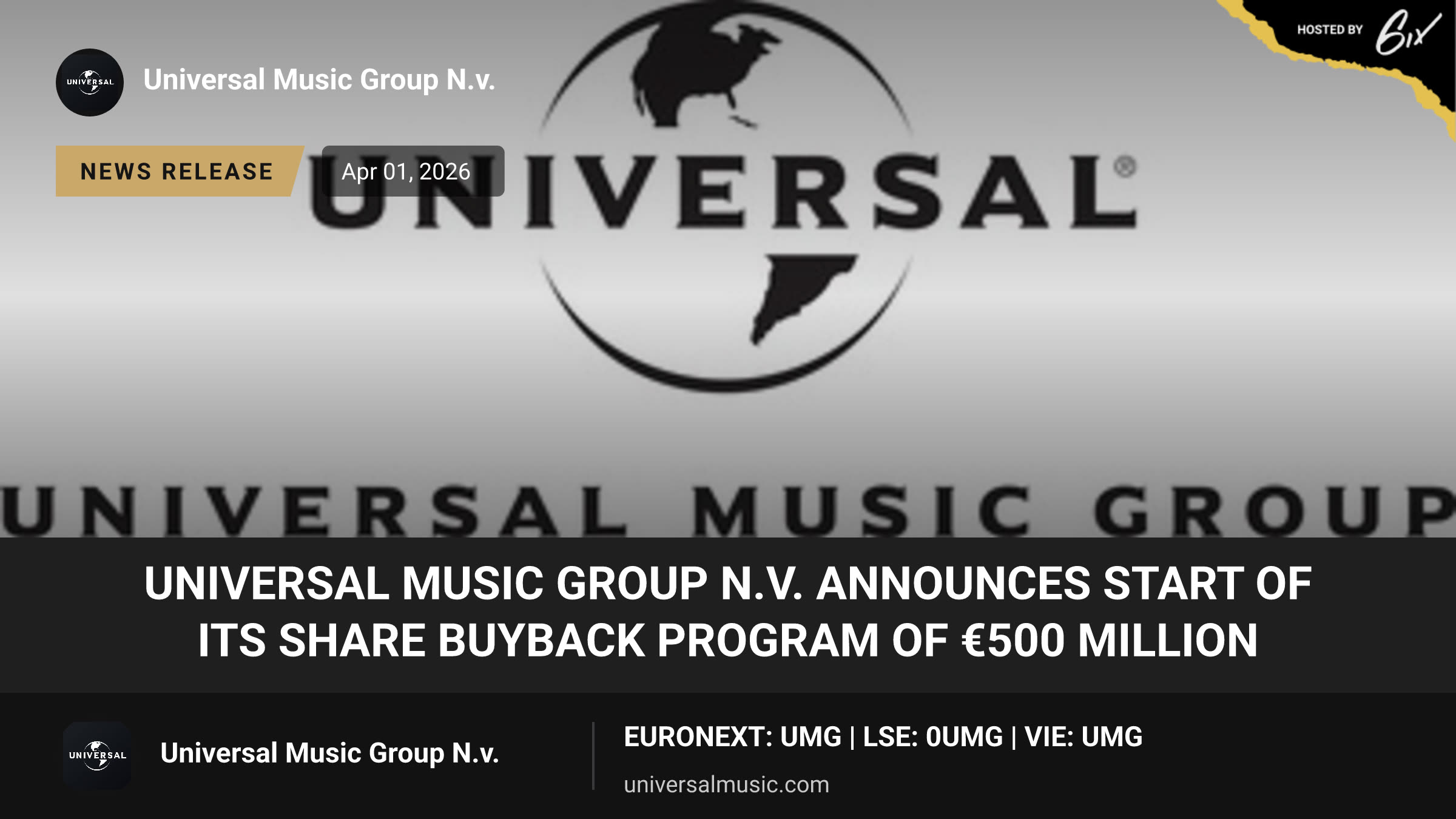 Universal Music Group N.V. Announces Start of its Share Buyback Program of €500 Million