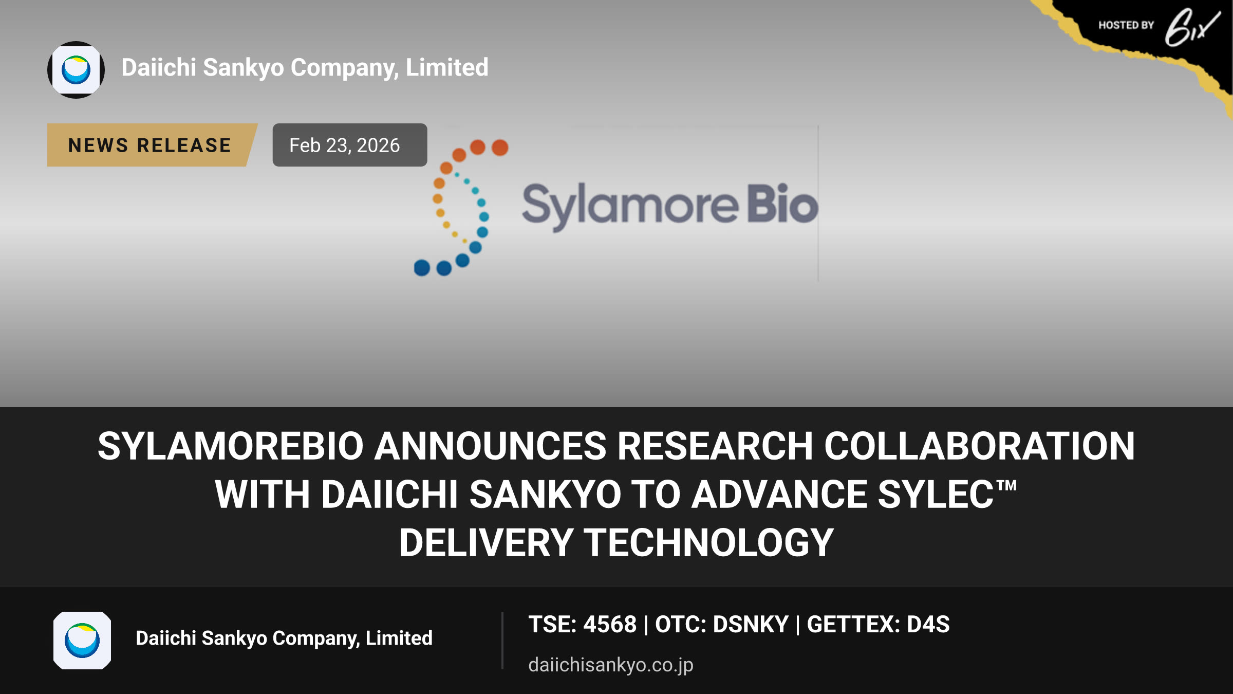 SylamoreBio Announces Research Collaboration With Daiichi Sankyo to Advance SyLEC™ Delivery Technology