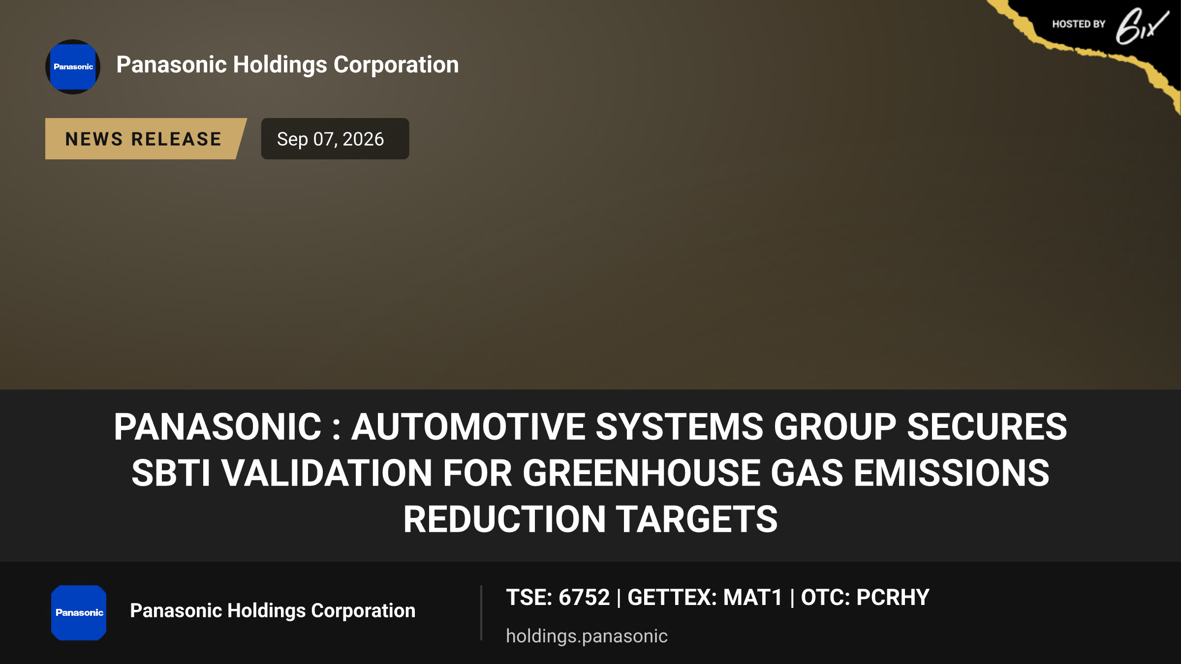 Panasonic : Automotive Systems Group secures SBTi validation for greenhouse gas emissions reduction targets